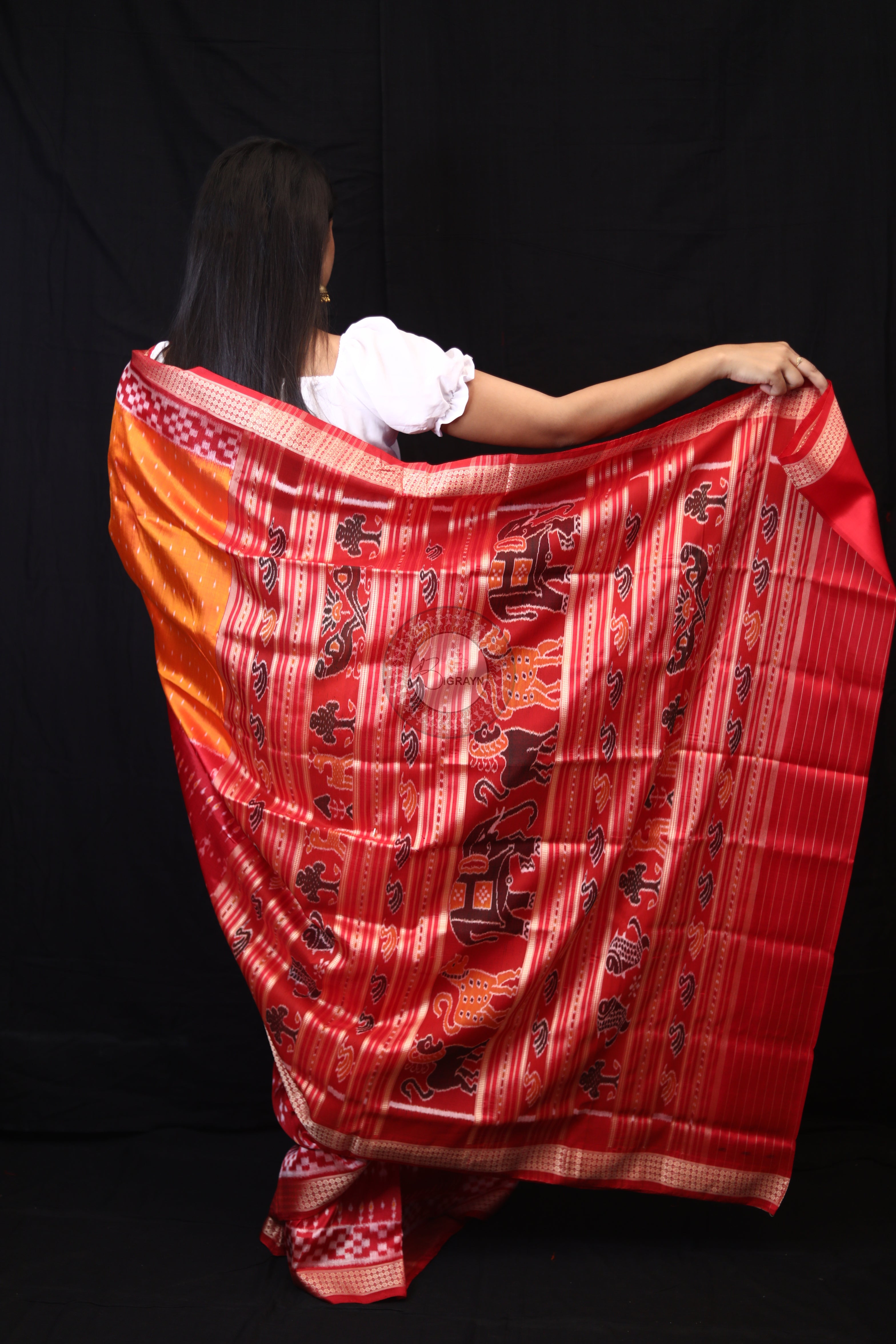 Mustard Red Tribal Half Half Mulberry Silk Saree