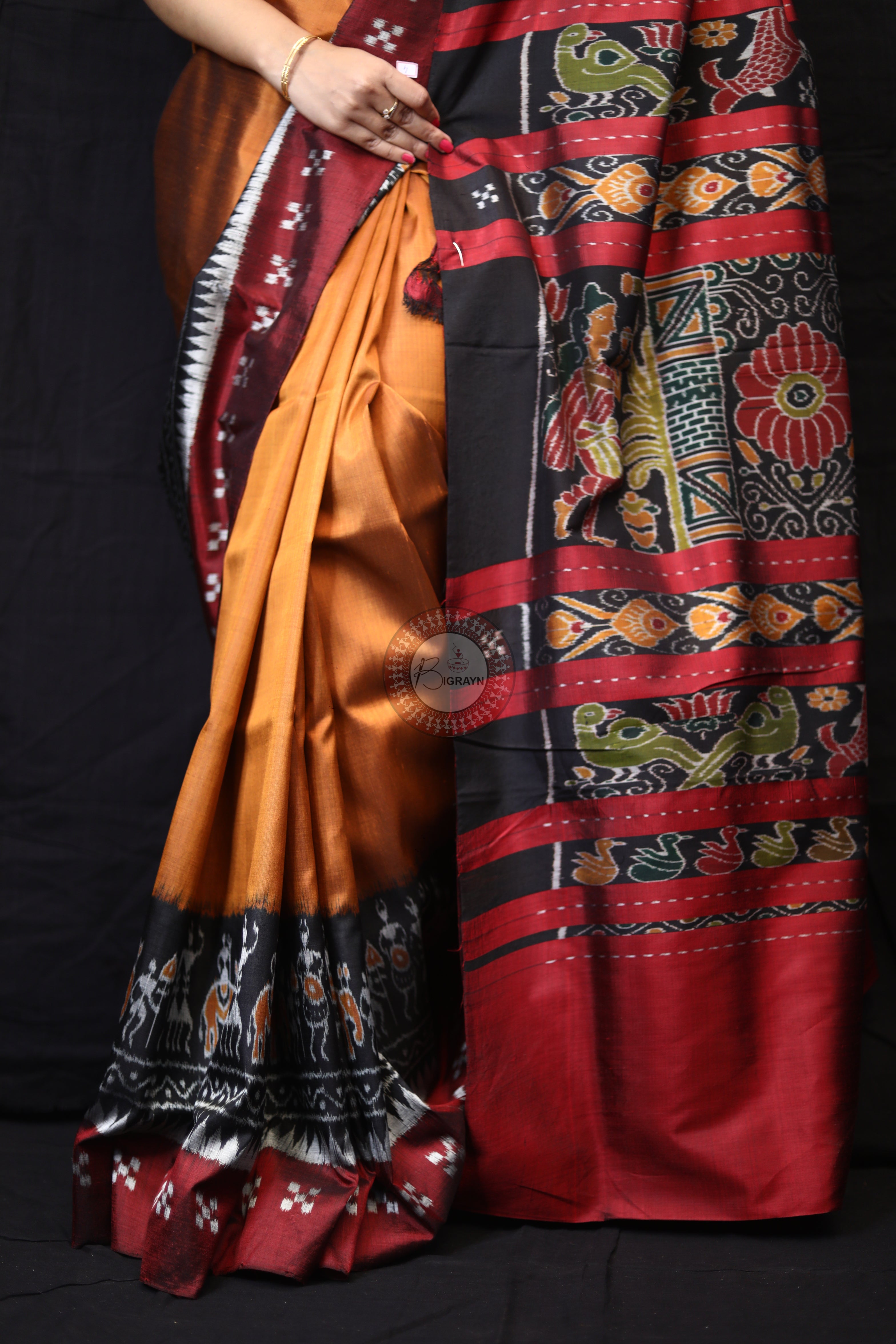 Mustard Tribal Scot Border Pasapali Mulberry Silk Saree