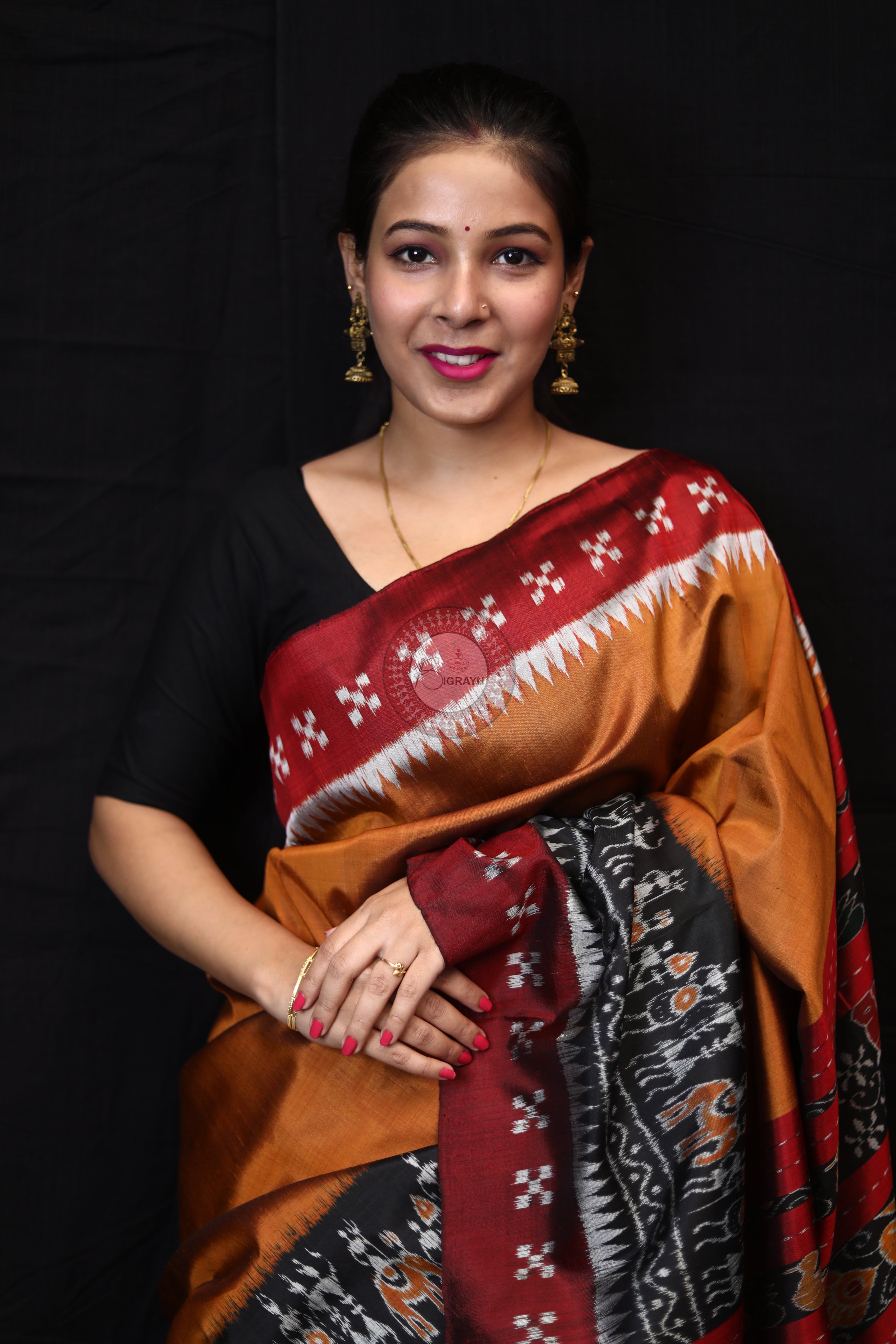 Mustard Tribal Scot Border Pasapali Mulberry Silk Saree