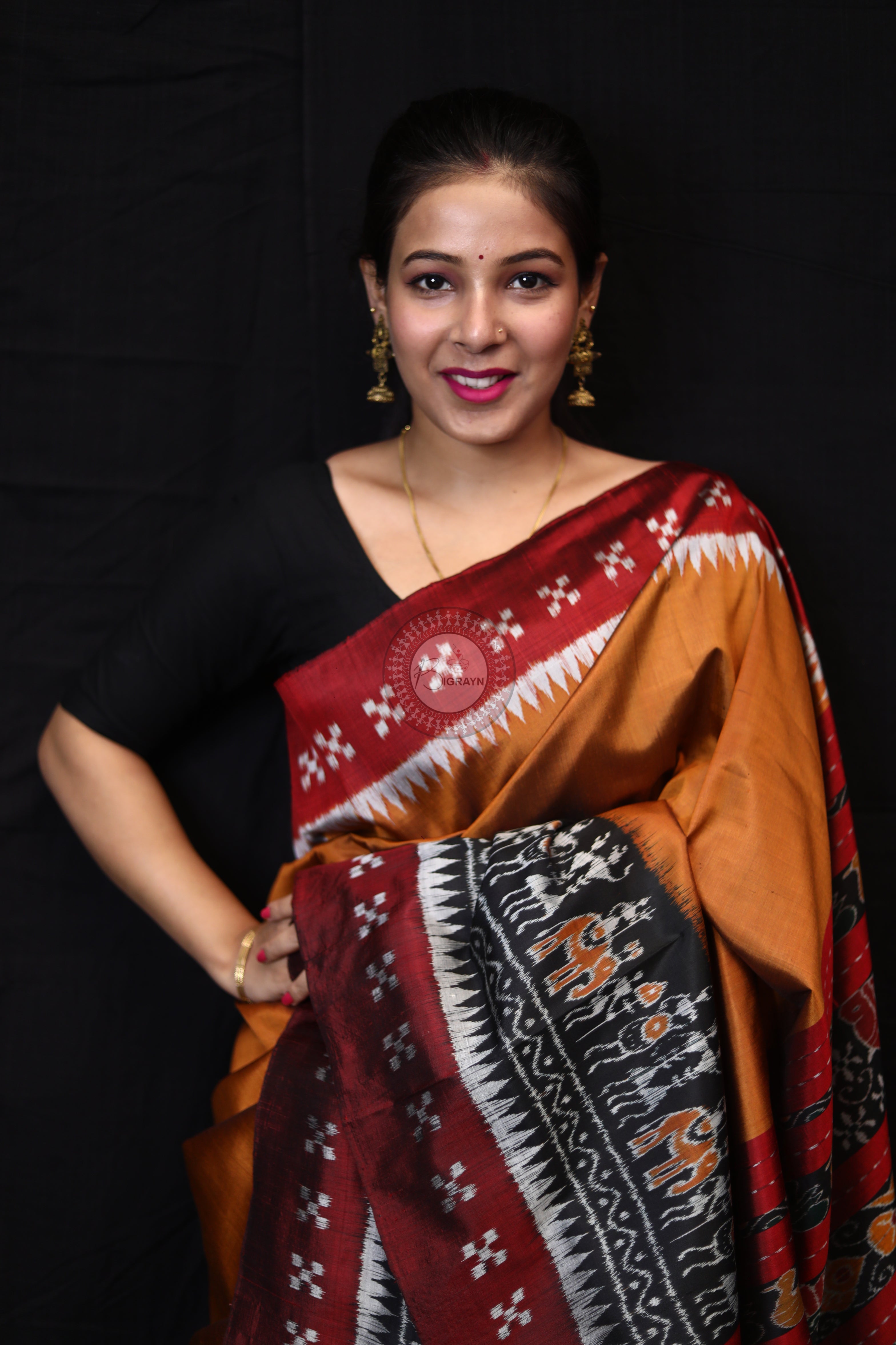 Mustard Tribal Scot Border Pasapali Mulberry Silk Saree