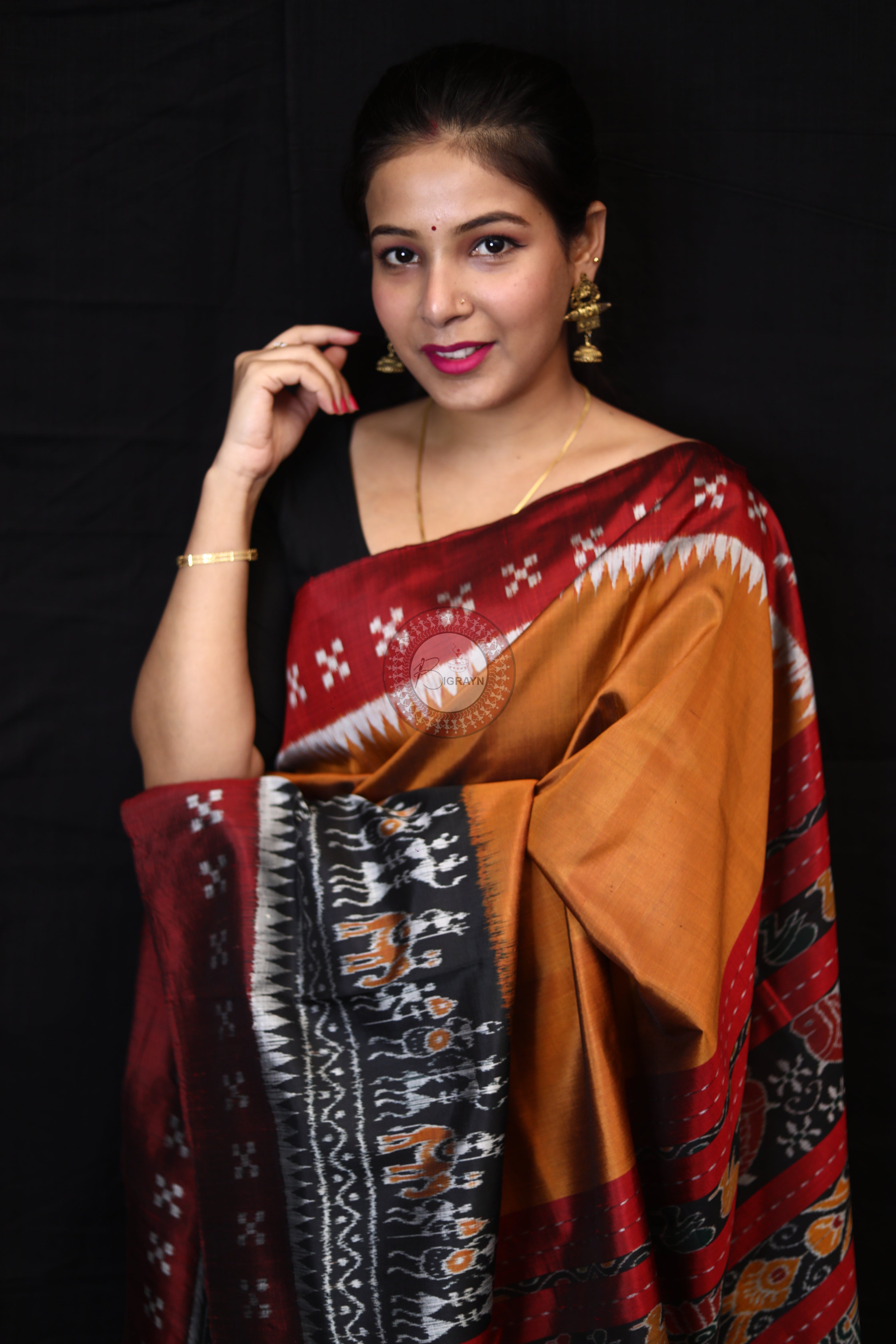 Mustard Tribal Scot Border Pasapali Mulberry Silk Saree
