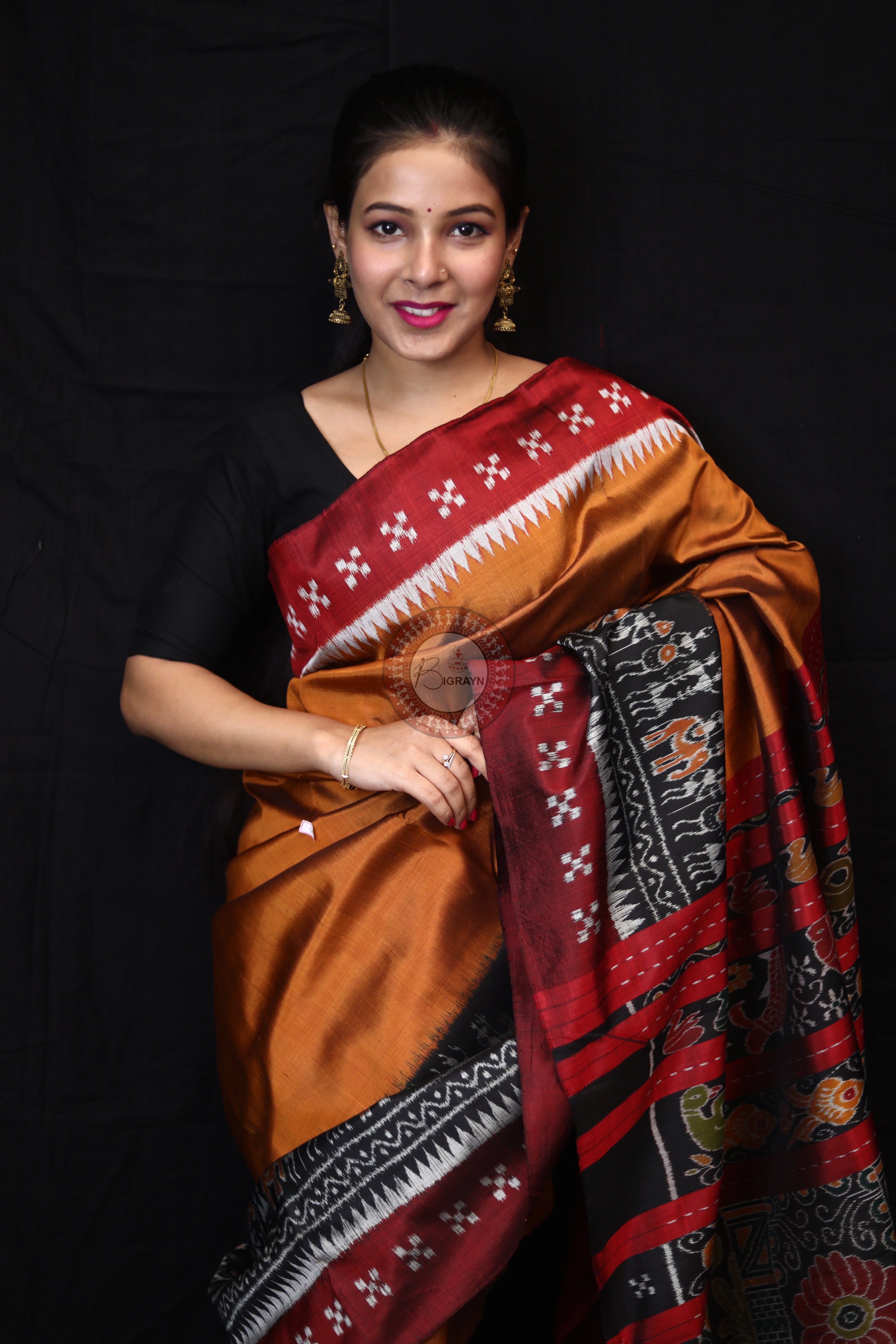 Mustard Tribal Scot Border Pasapali Mulberry Silk Saree