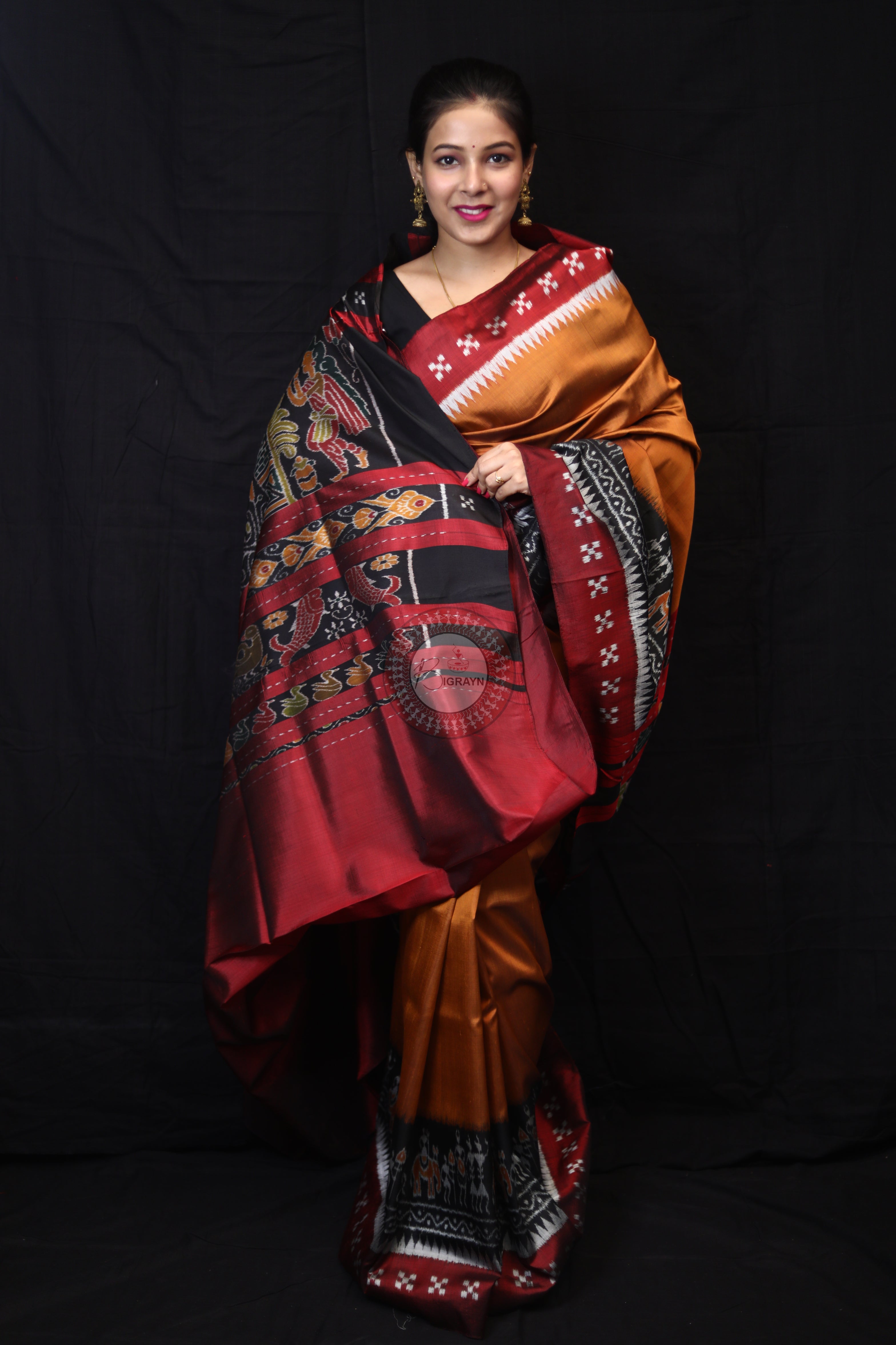 Mustard Tribal Scot Border Pasapali Mulberry Silk Saree