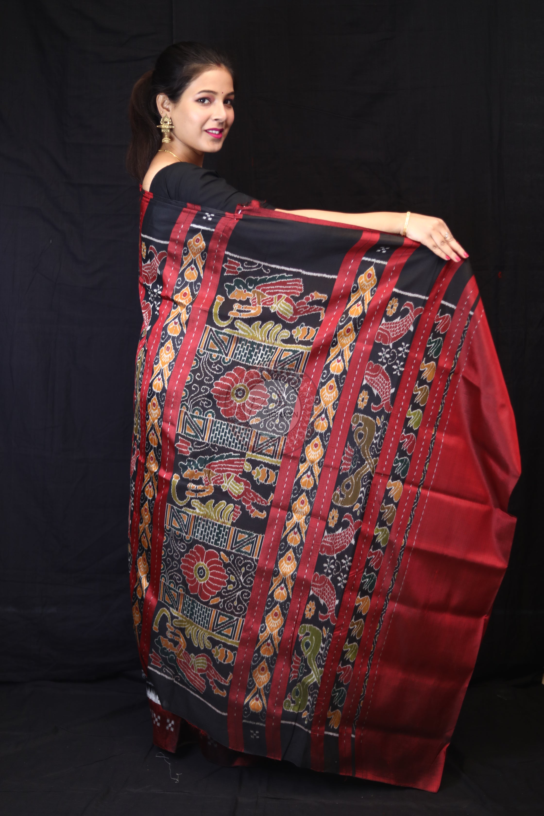 Yellow Maroon Tribal House Mulberry Silk Saree