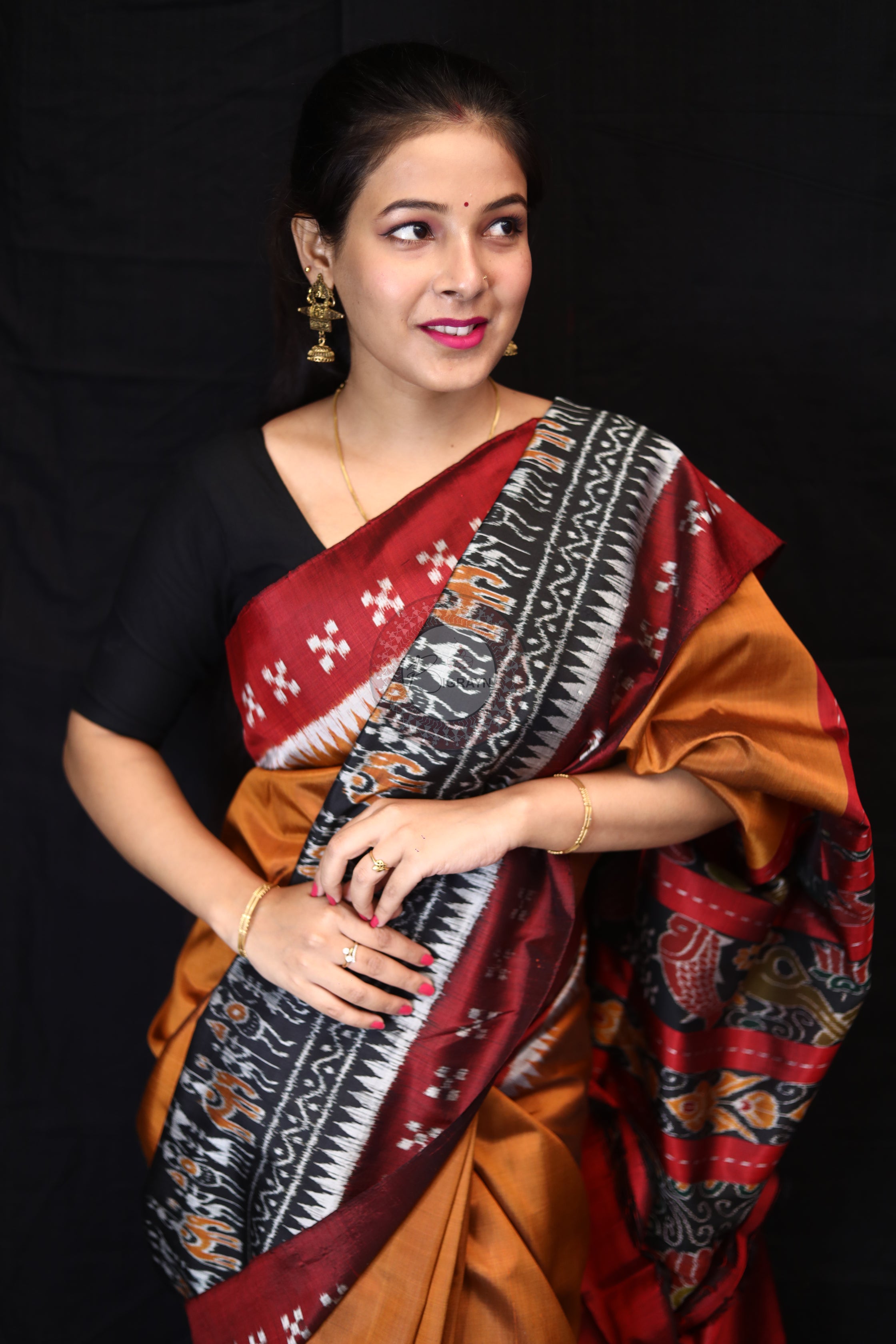 Yellow Maroon Tribal House Mulberry Silk Saree