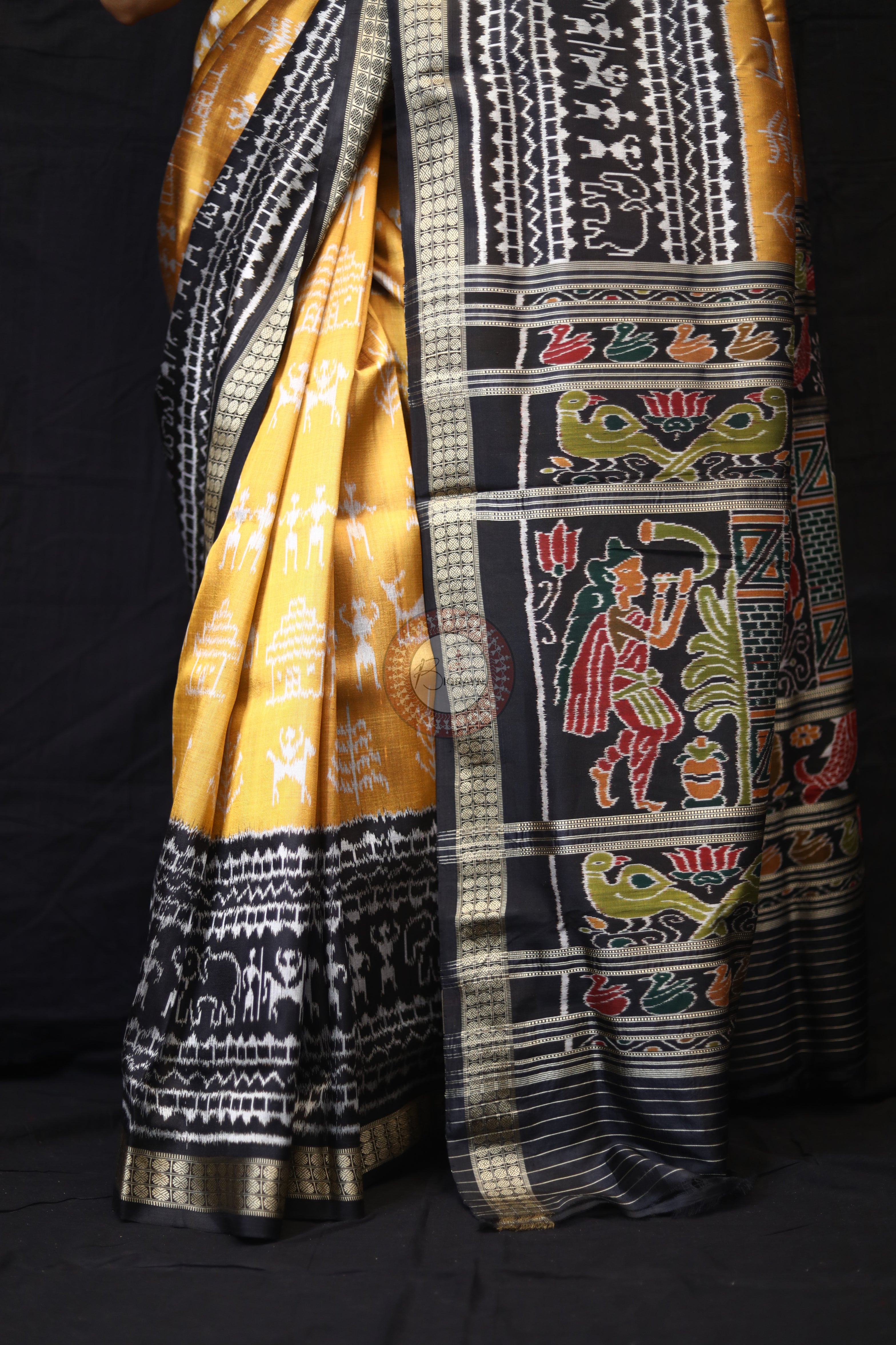 Golden Tribals Elephant Scot Mulberry Silk Saree