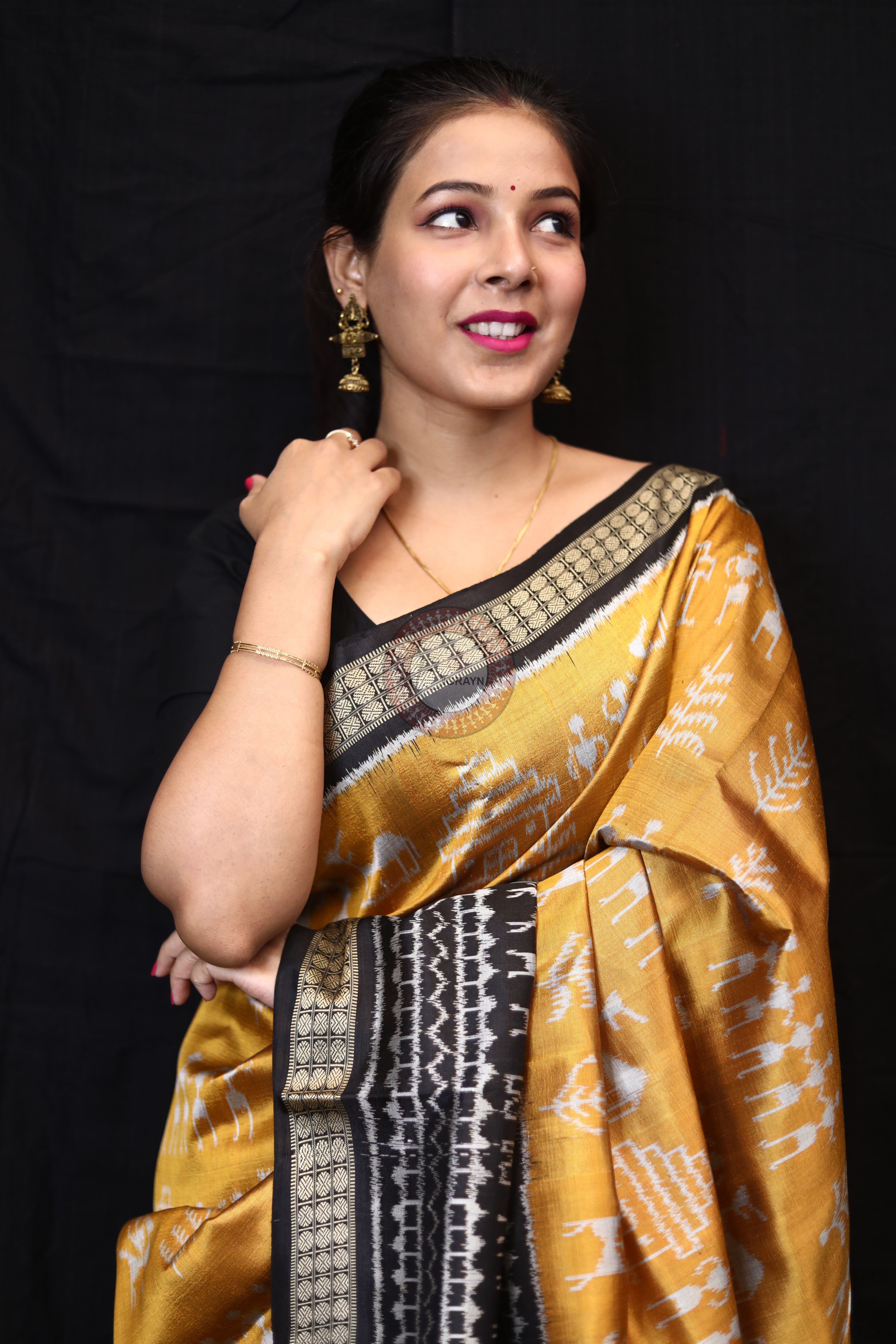 Golden Tribals Elephant Scot Mulberry Silk Saree