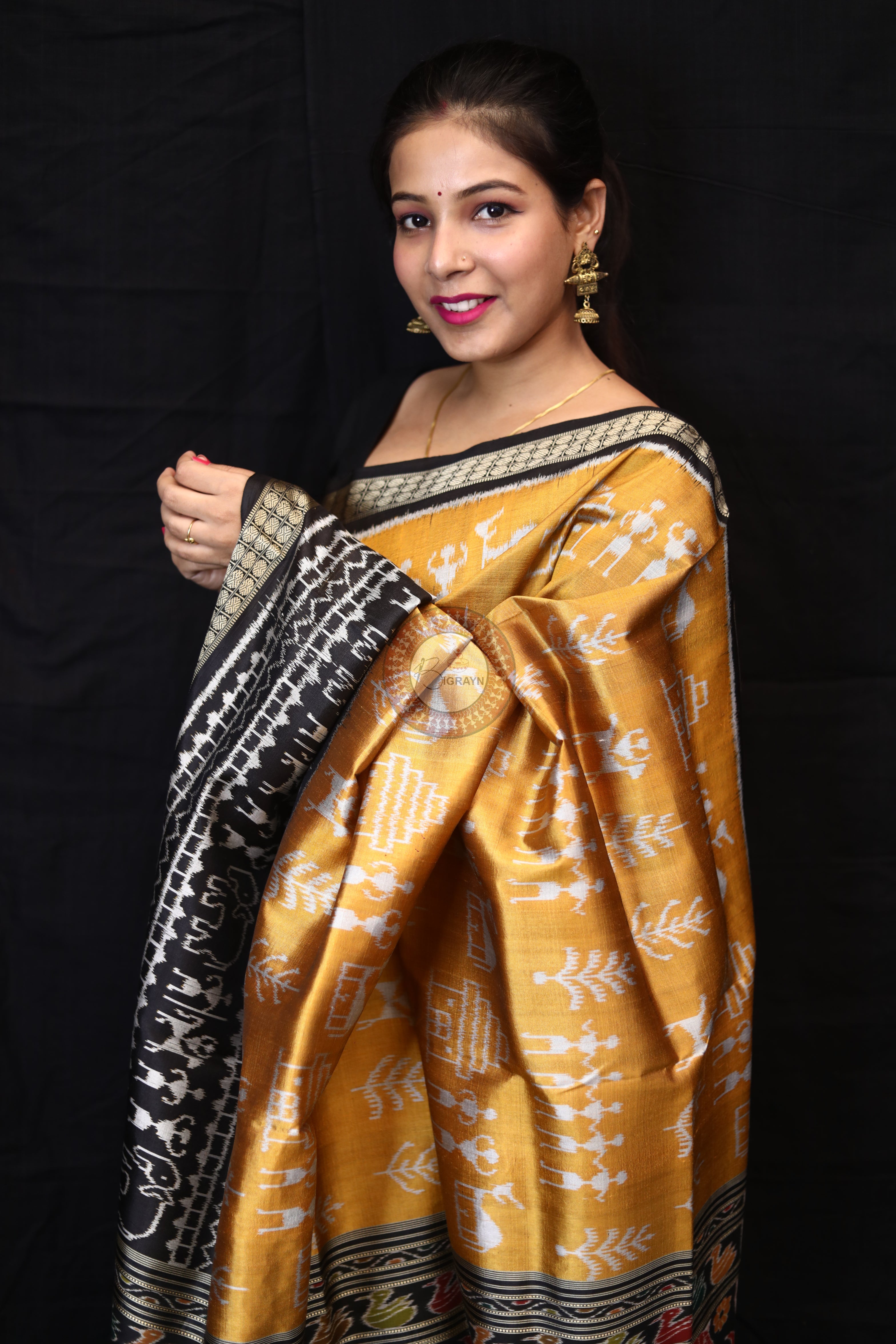 Golden Tribals Elephant Scot Mulberry Silk Saree