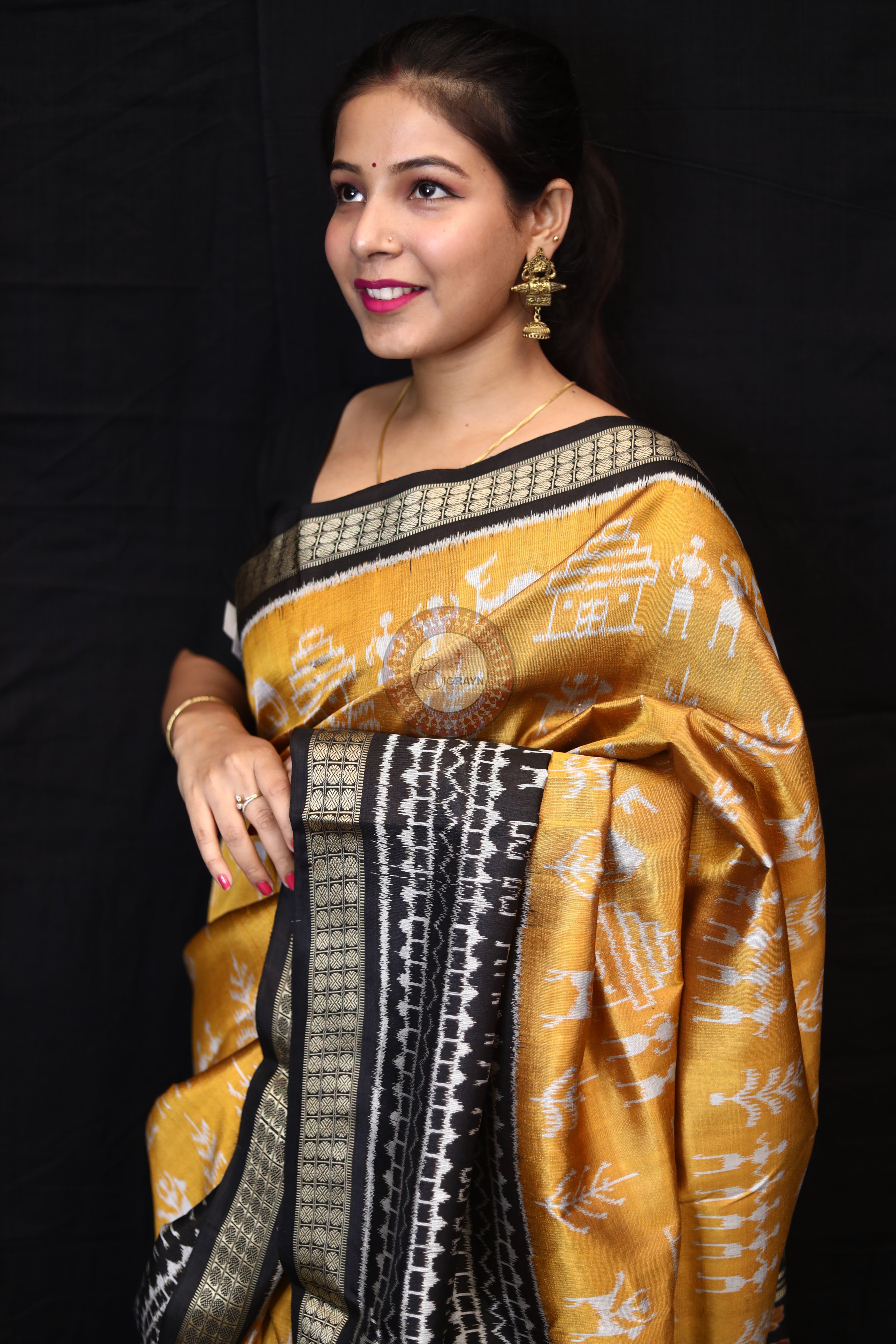 Golden Tribals Elephant Scot Mulberry Silk Saree