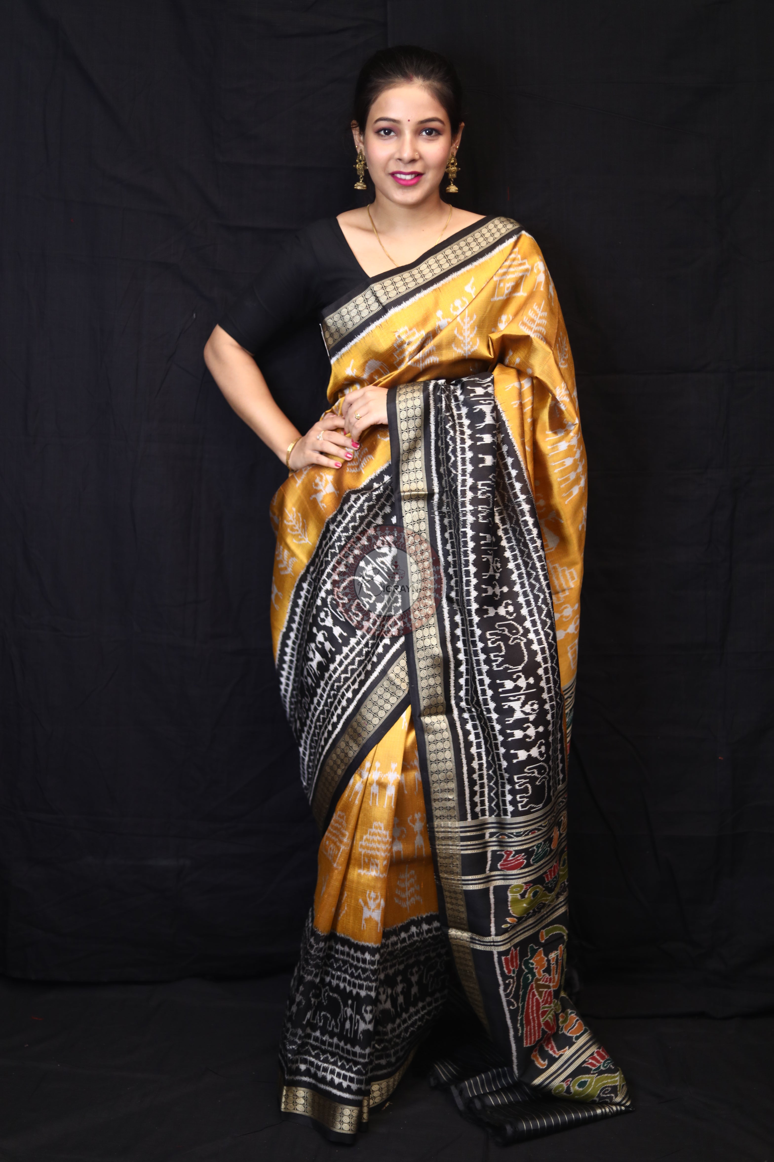 Golden Tribals Elephant Scot Mulberry Silk Saree