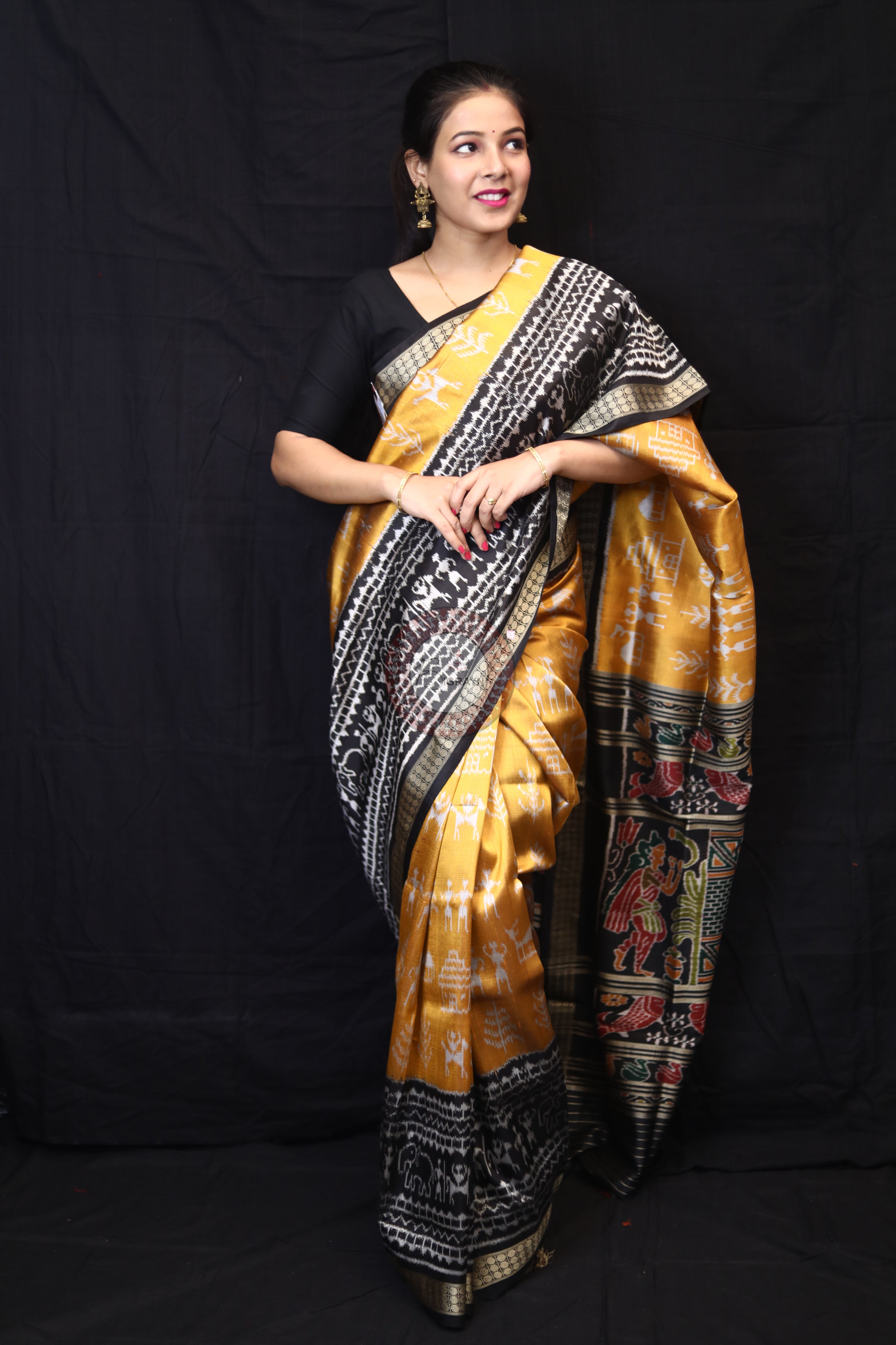 Golden Tribals Elephant Scot Mulberry Silk Saree