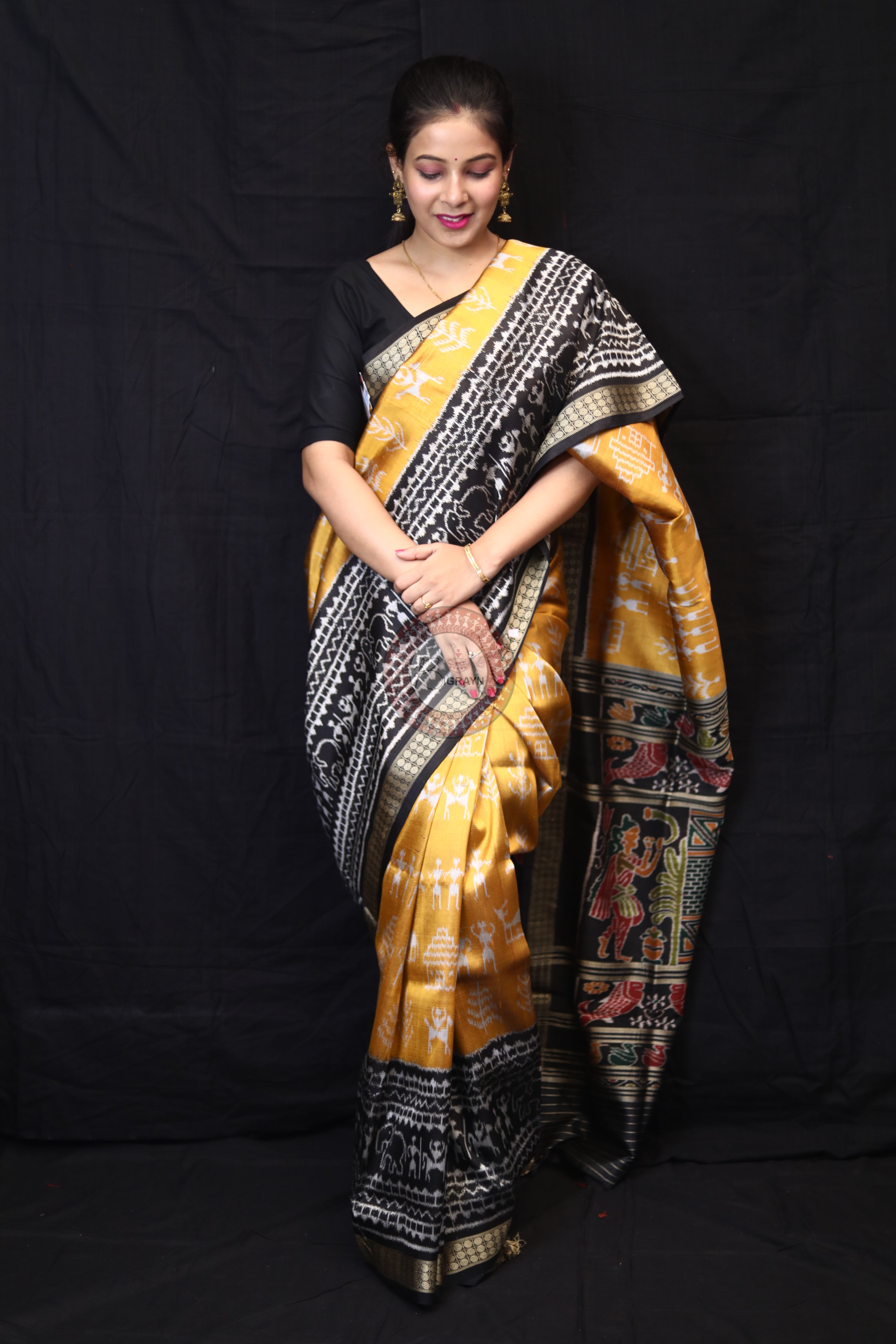 Golden Tribals Elephant Scot Mulberry Silk Saree