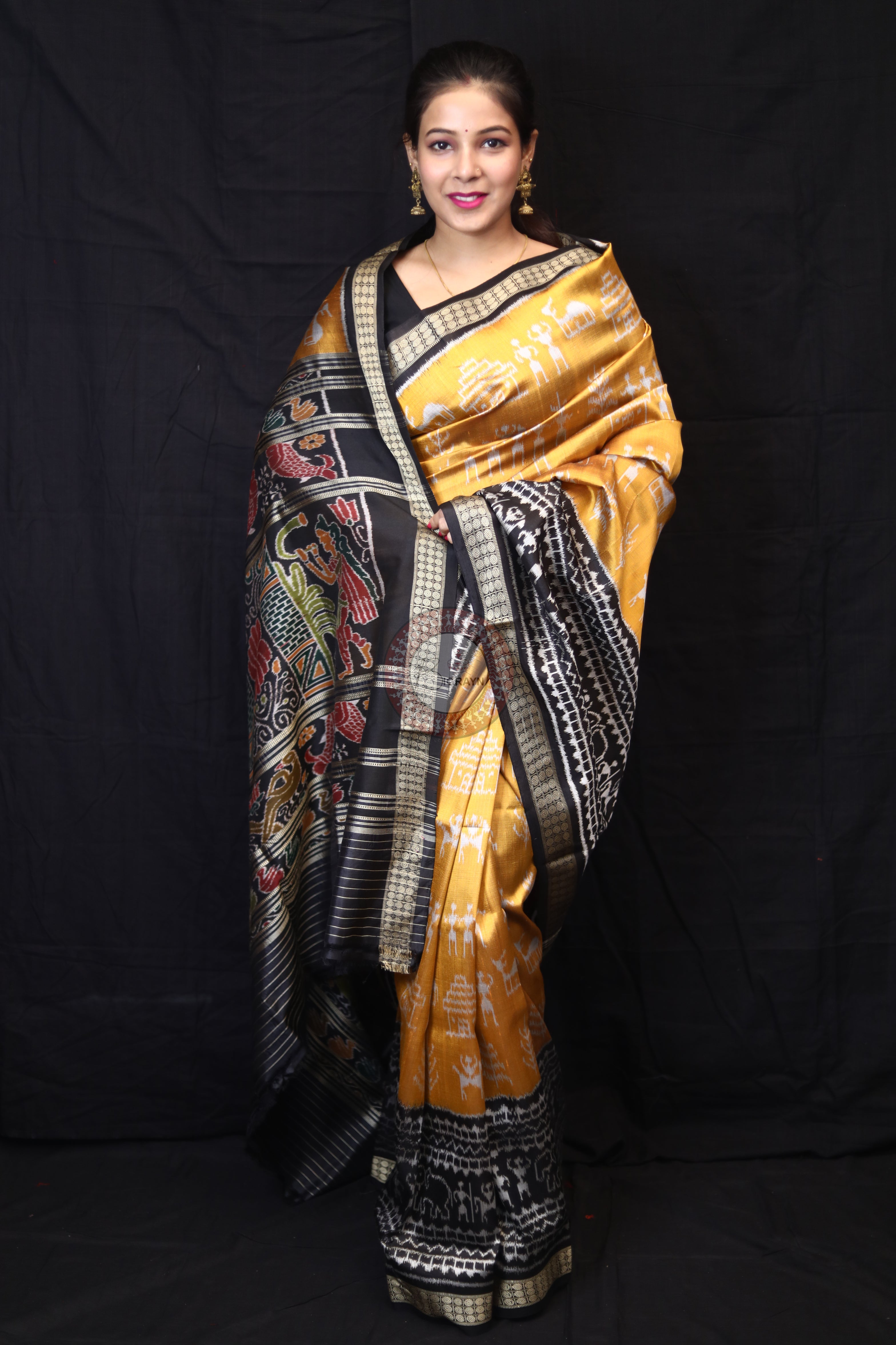 Golden Tribals Elephant Scot Mulberry Silk Saree