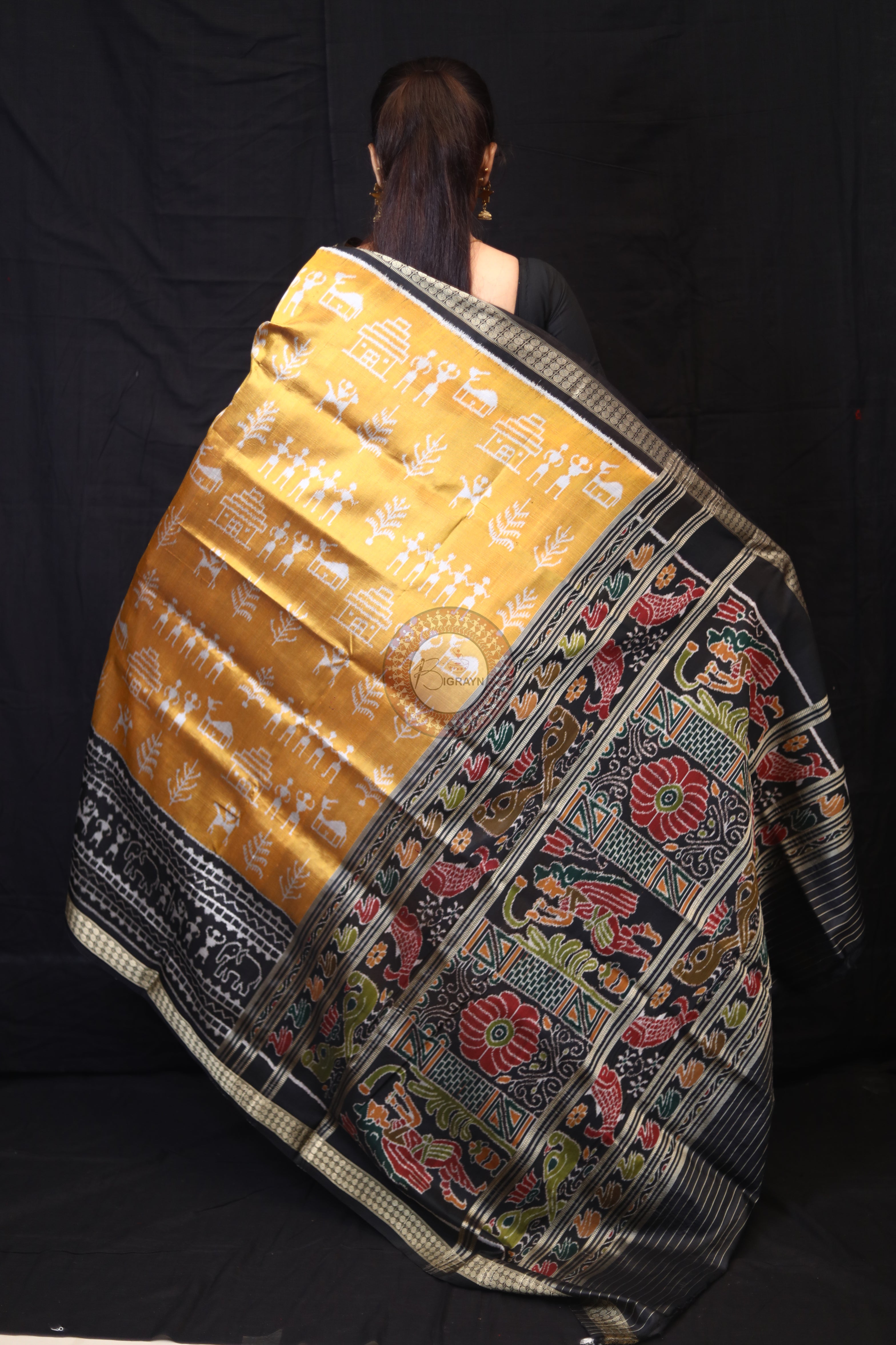 Golden Tribals Elephant Scot Mulberry Silk Saree