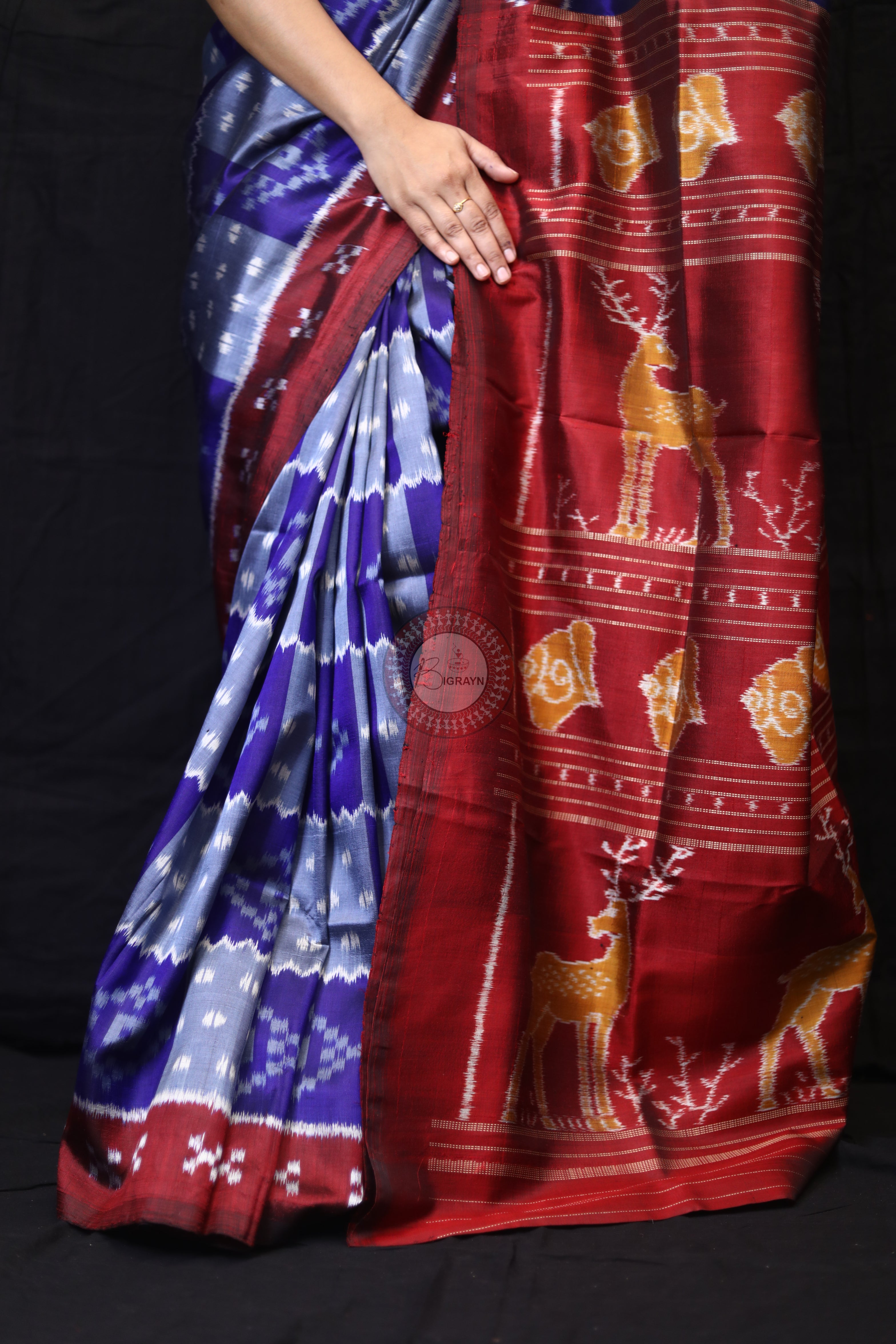 Grey Blue Box Pasapali Mulberry Silk Saree