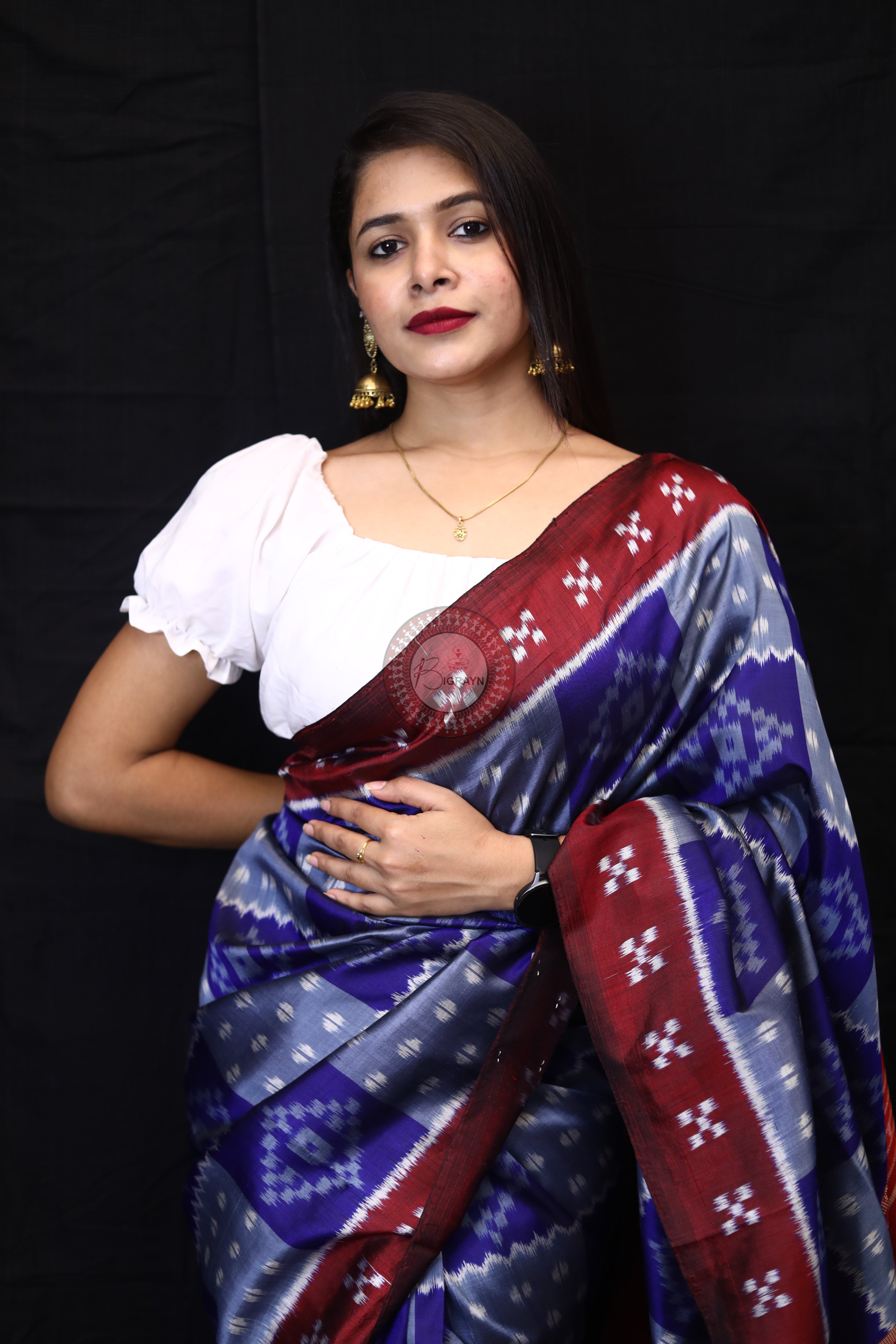 Grey Blue Box Pasapali Mulberry Silk Saree