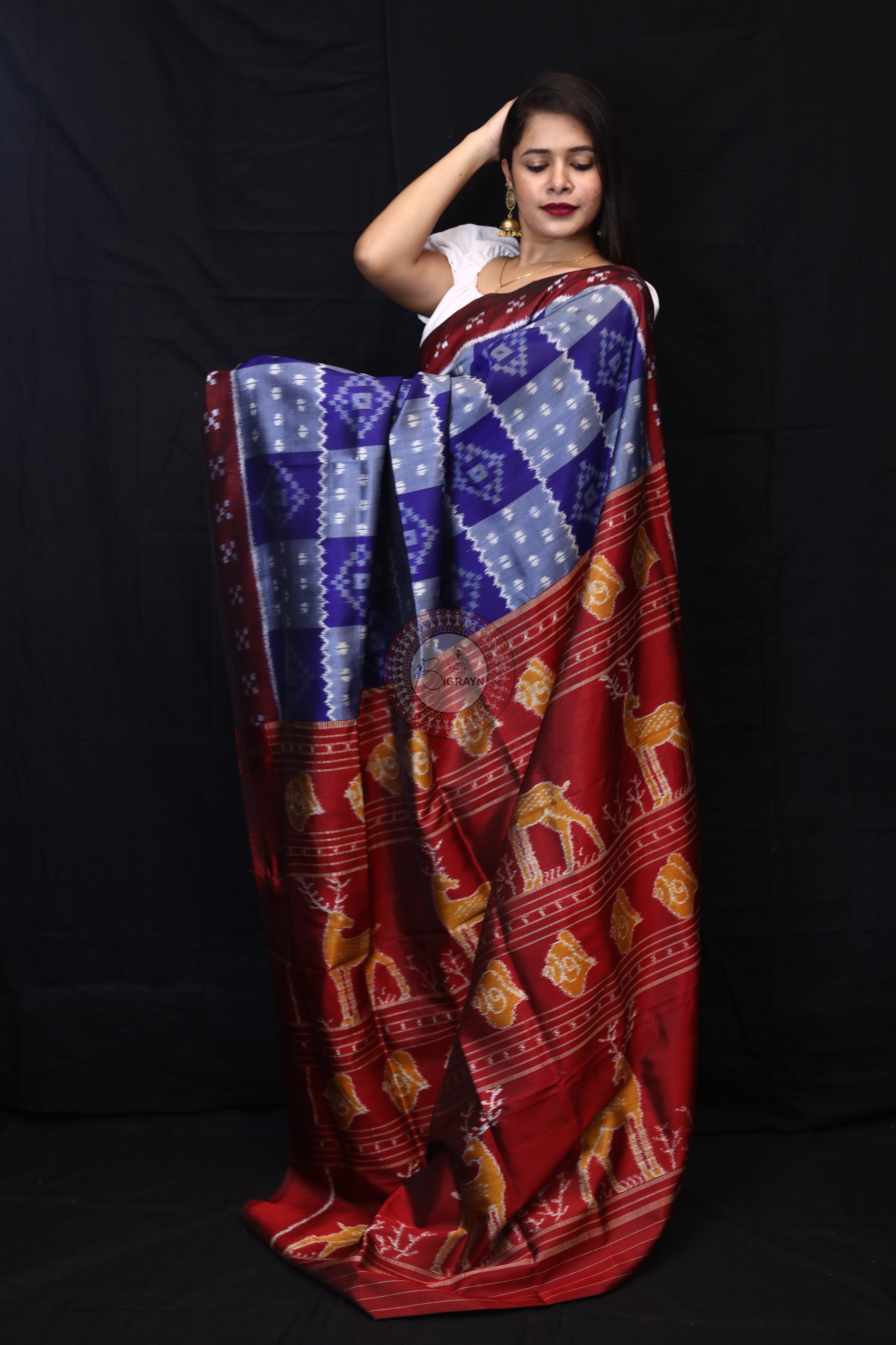Grey Blue Box Pasapali Mulberry Silk Saree