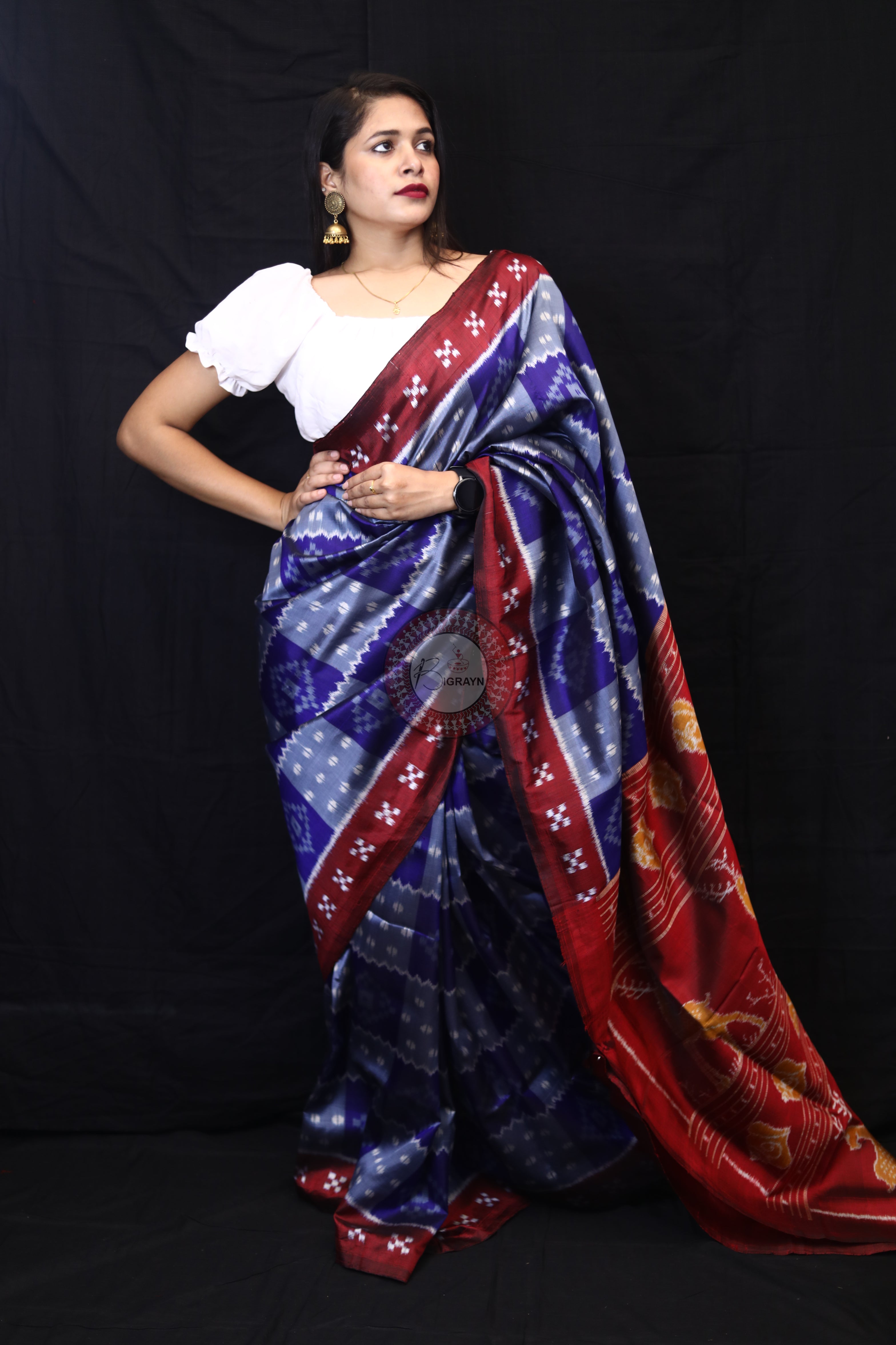 Grey Blue Box Pasapali Mulberry Silk Saree