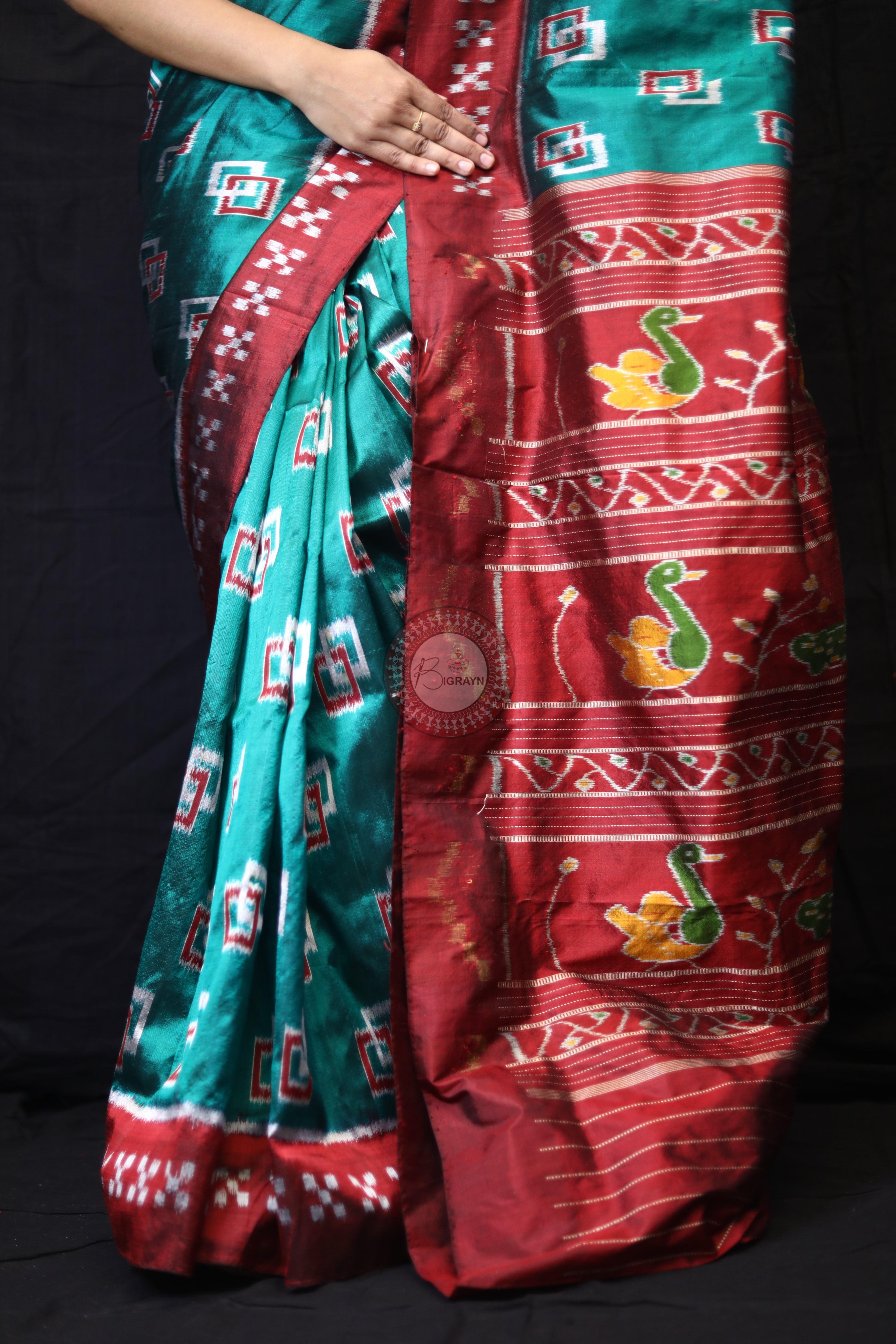 Sea Green Double Square Border Pasapali Mulberry Silk Saree