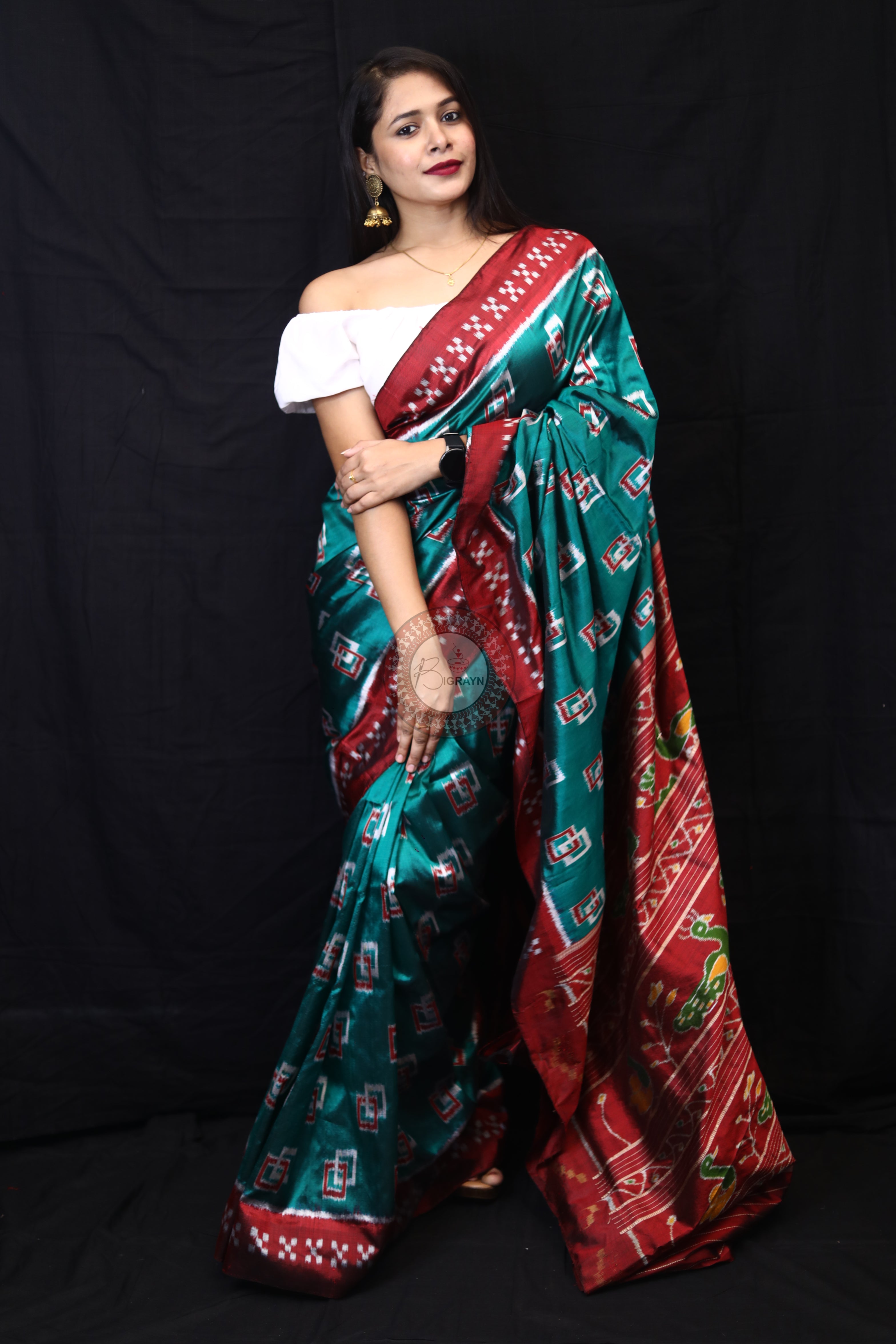 Sea Green Double Square Border Pasapali Mulberry Silk Saree