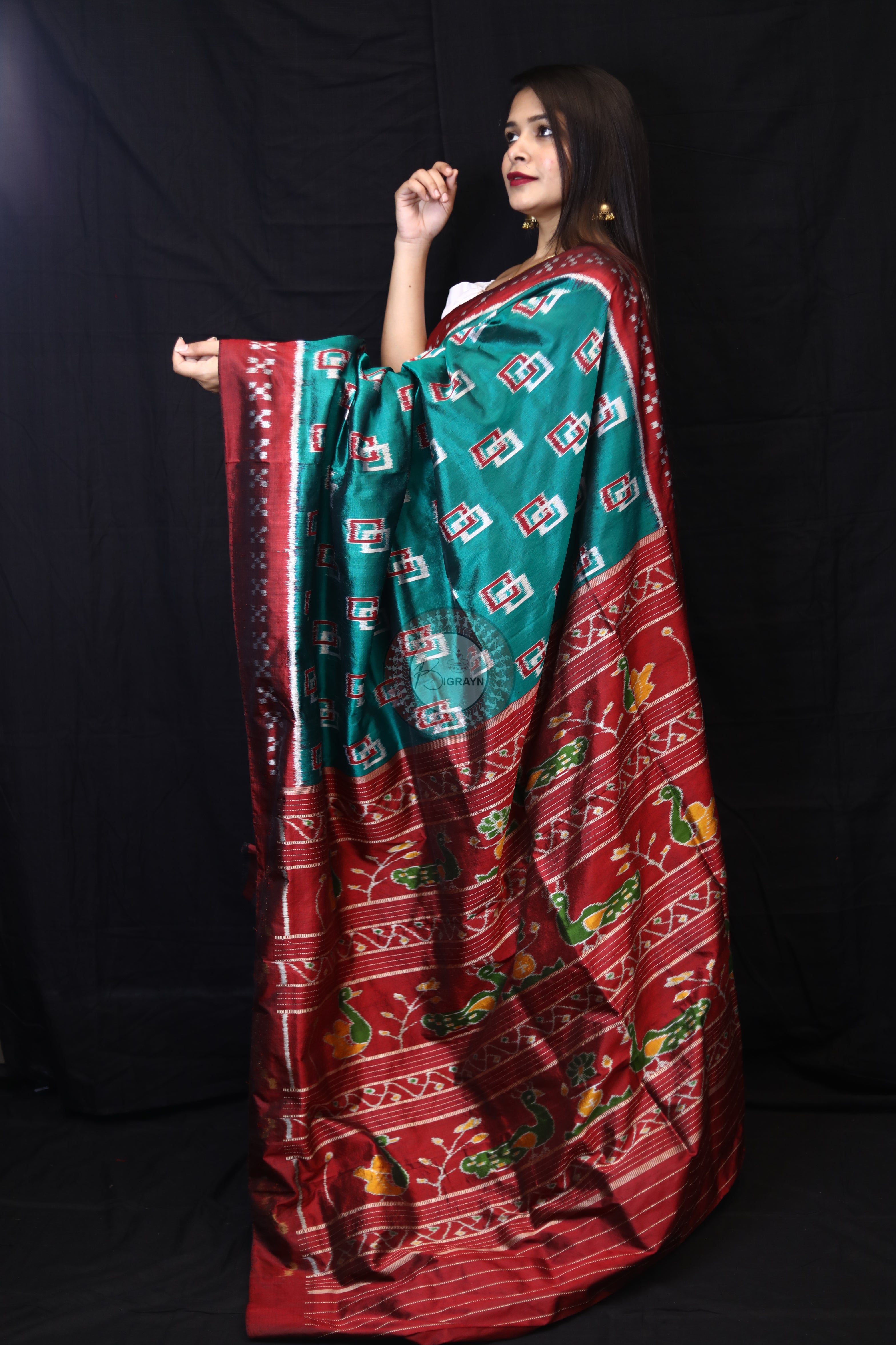 Sea Green Double Square Border Pasapali Mulberry Silk Saree