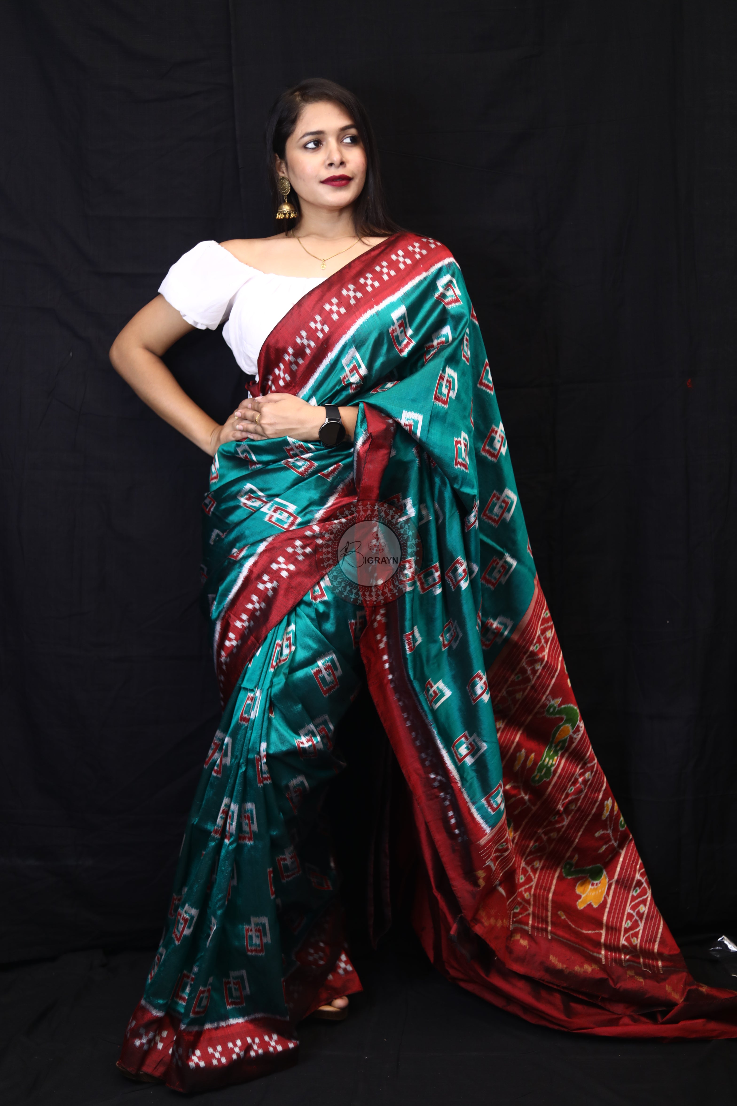 Sea Green Double Square Border Pasapali Mulberry Silk Saree