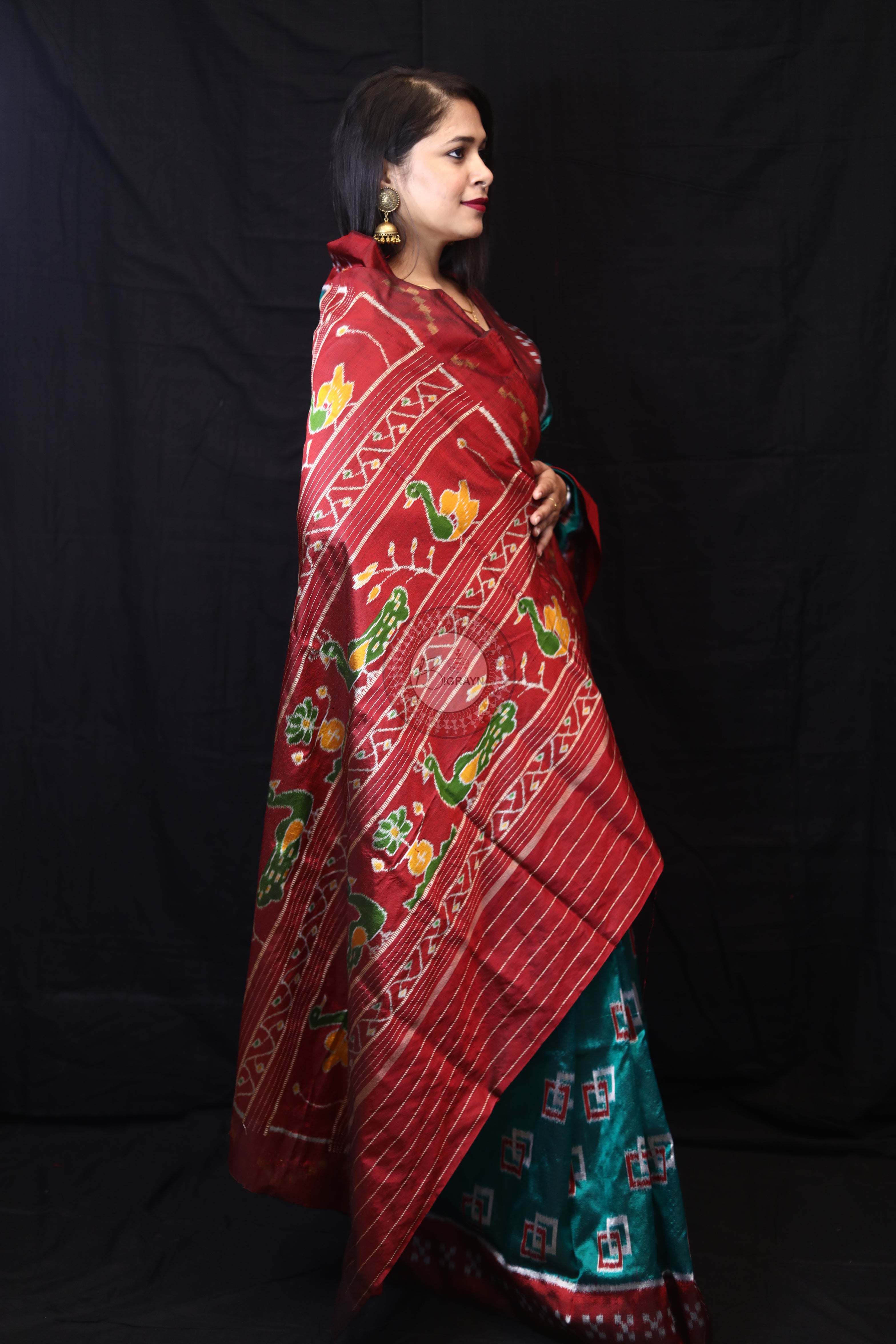 Sea Green Double Square Border Pasapali Mulberry Silk Saree