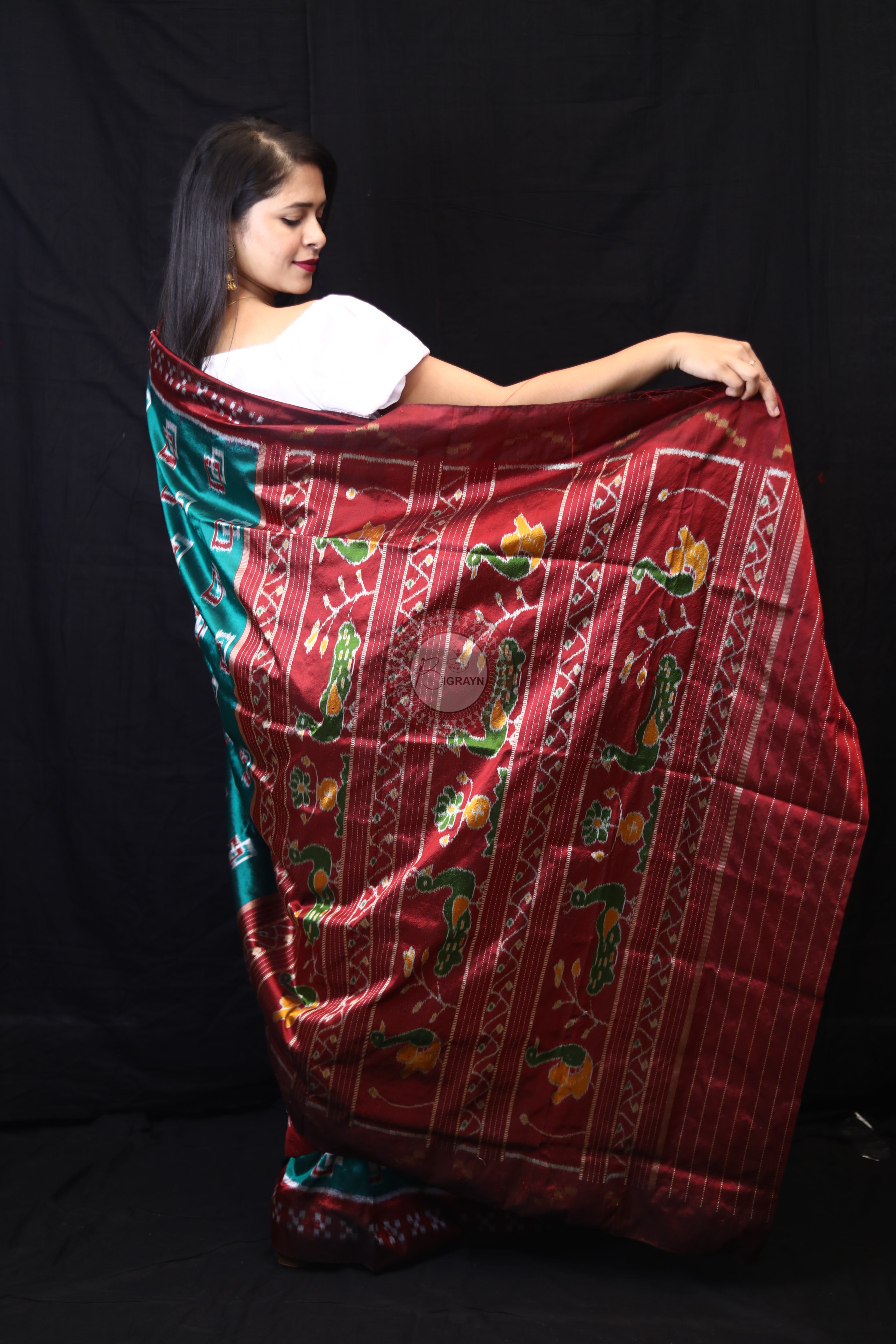 Sea Green Double Square Border Pasapali Mulberry Silk Saree