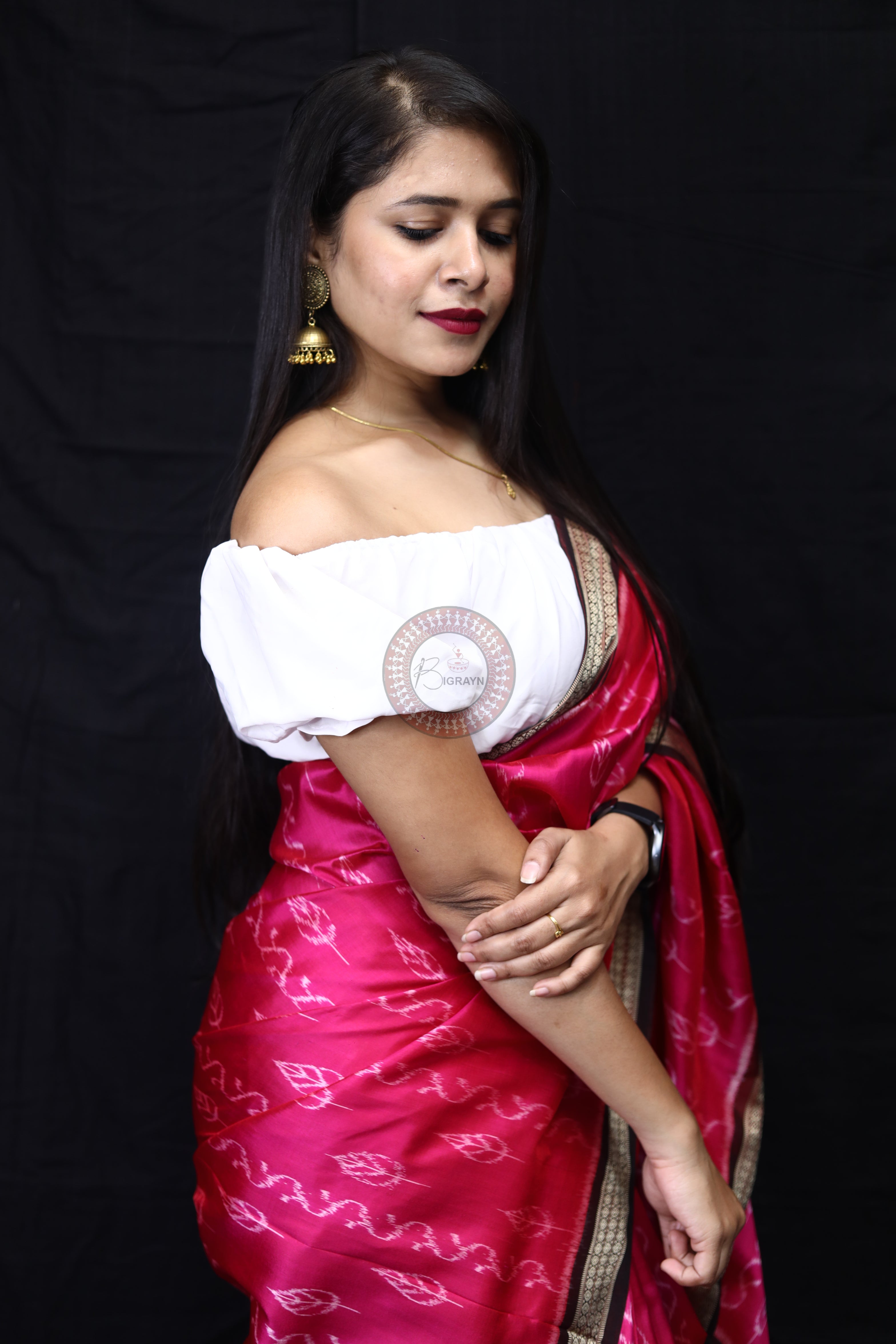 Magenta Coffee Body Leaves Mulberry Silk Saree