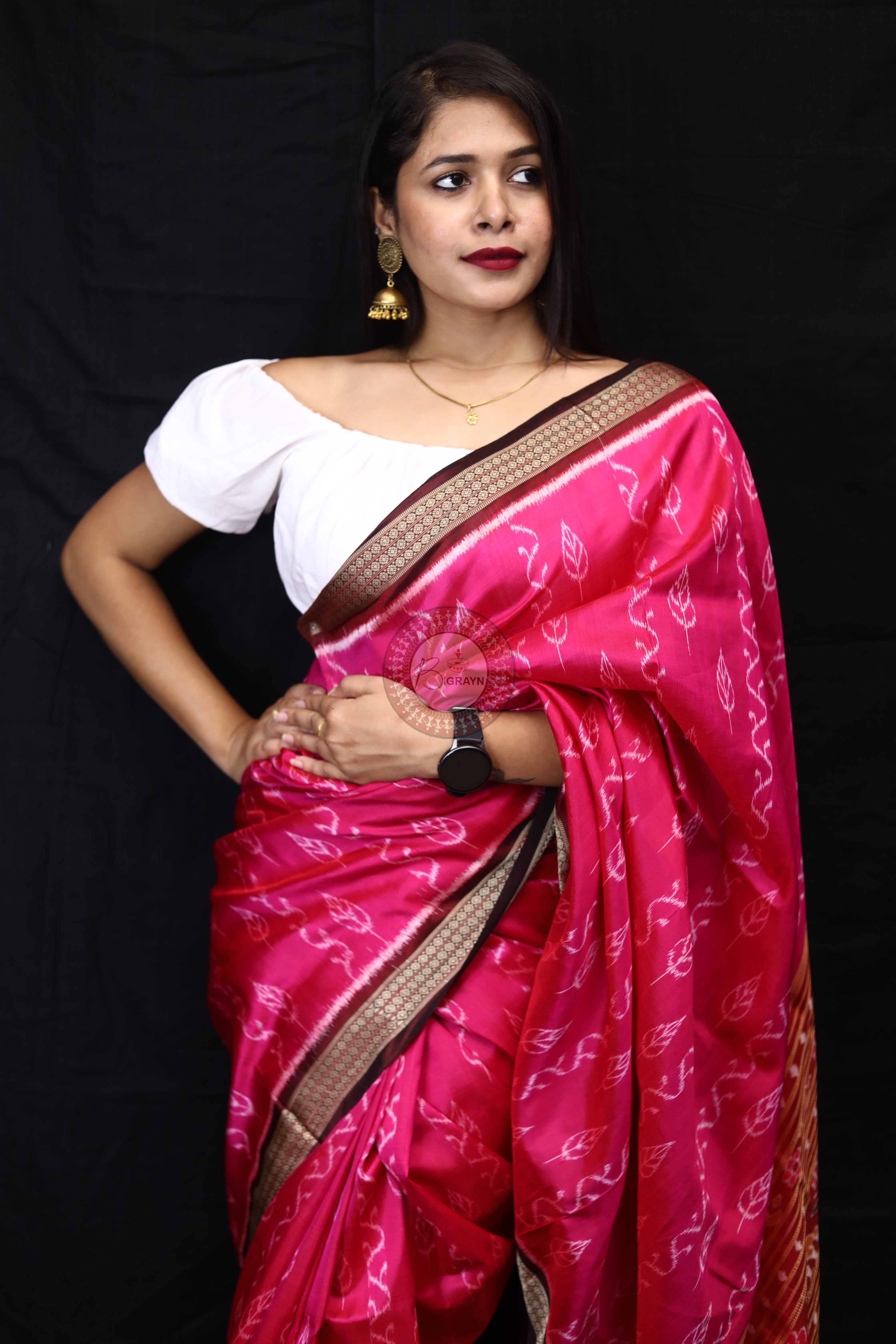 Magenta Coffee Body Leaves Mulberry Silk Saree