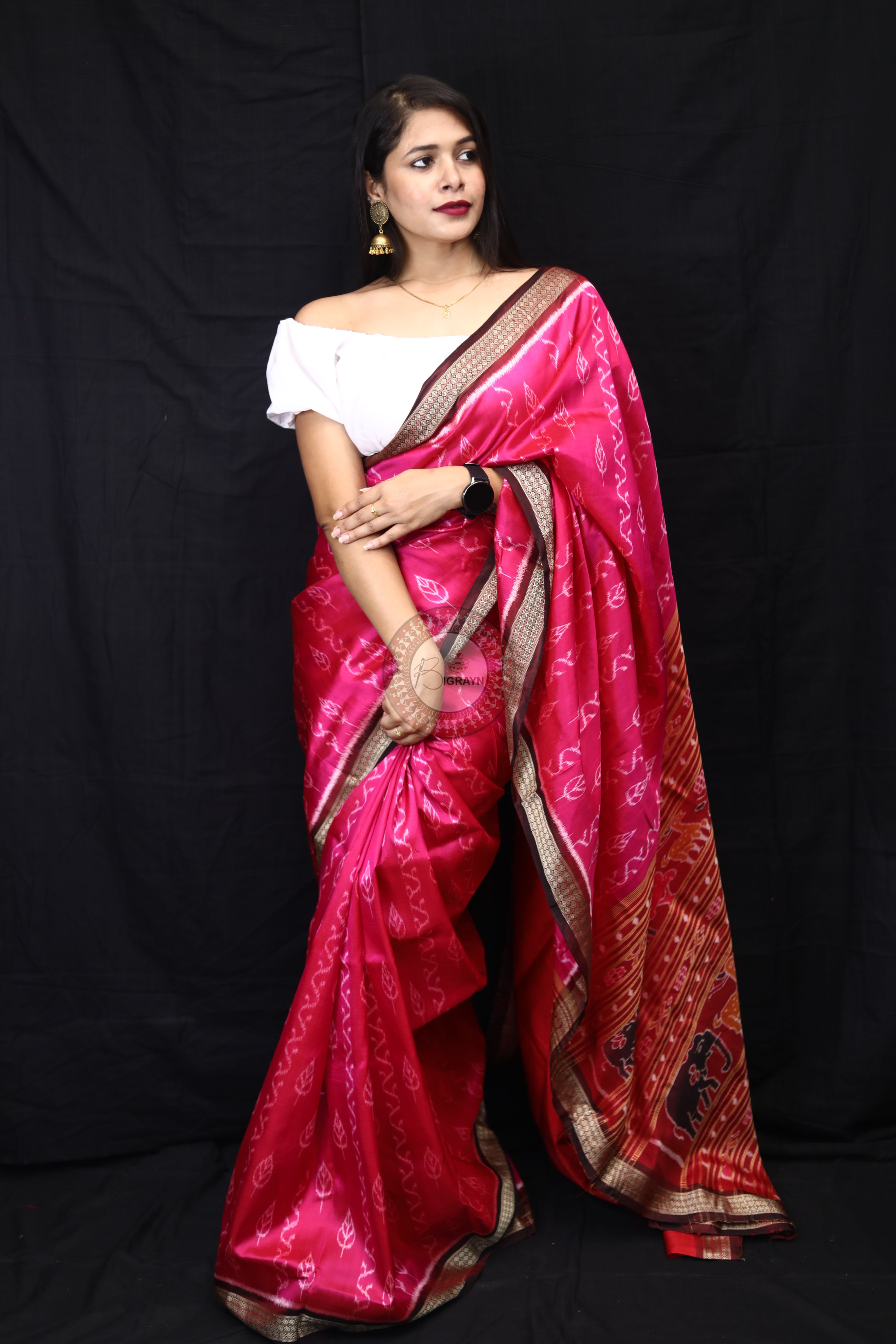 Magenta Coffee Body Leaves Mulberry Silk Saree