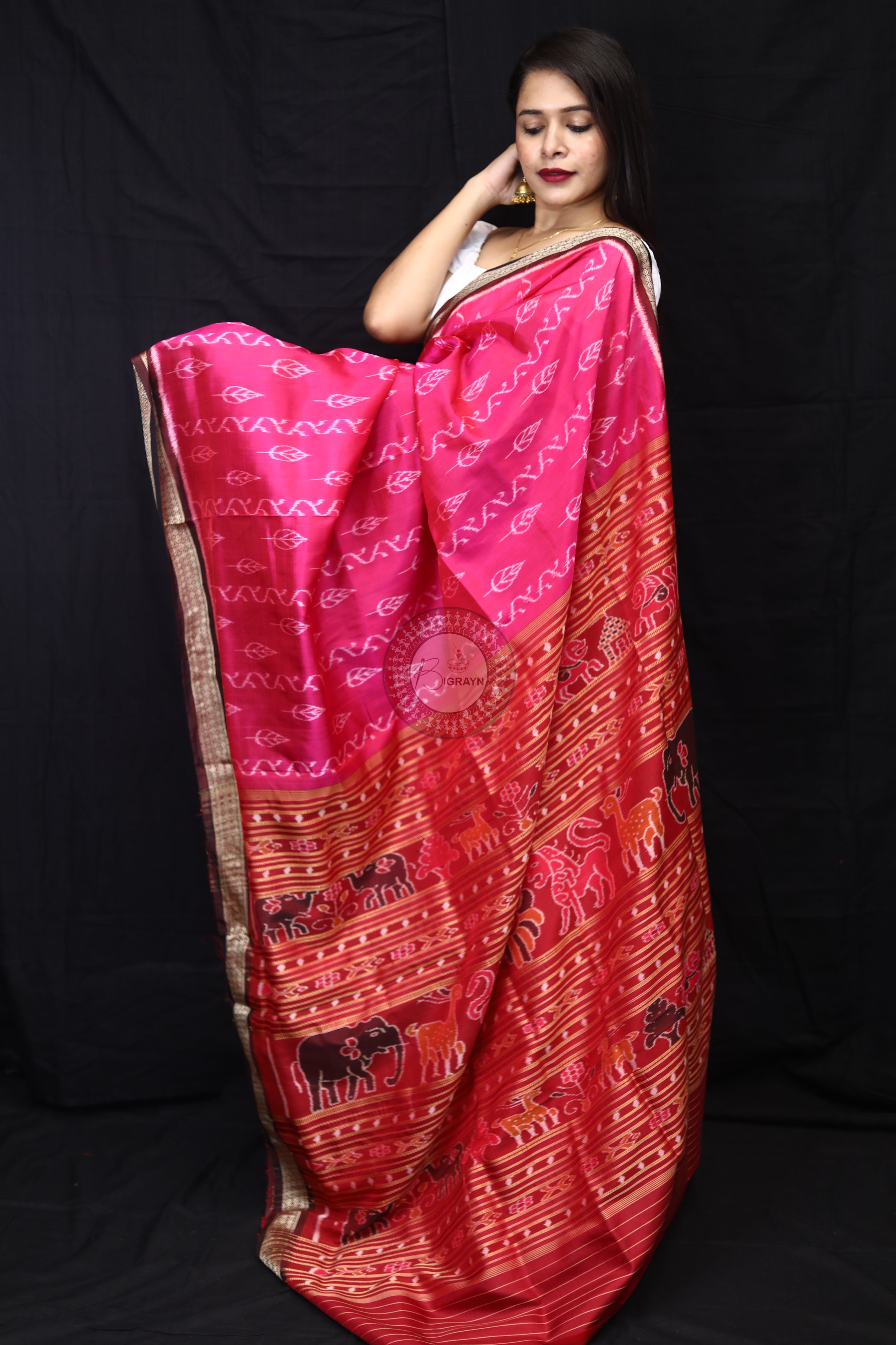 Magenta Coffee Body Leaves Mulberry Silk Saree