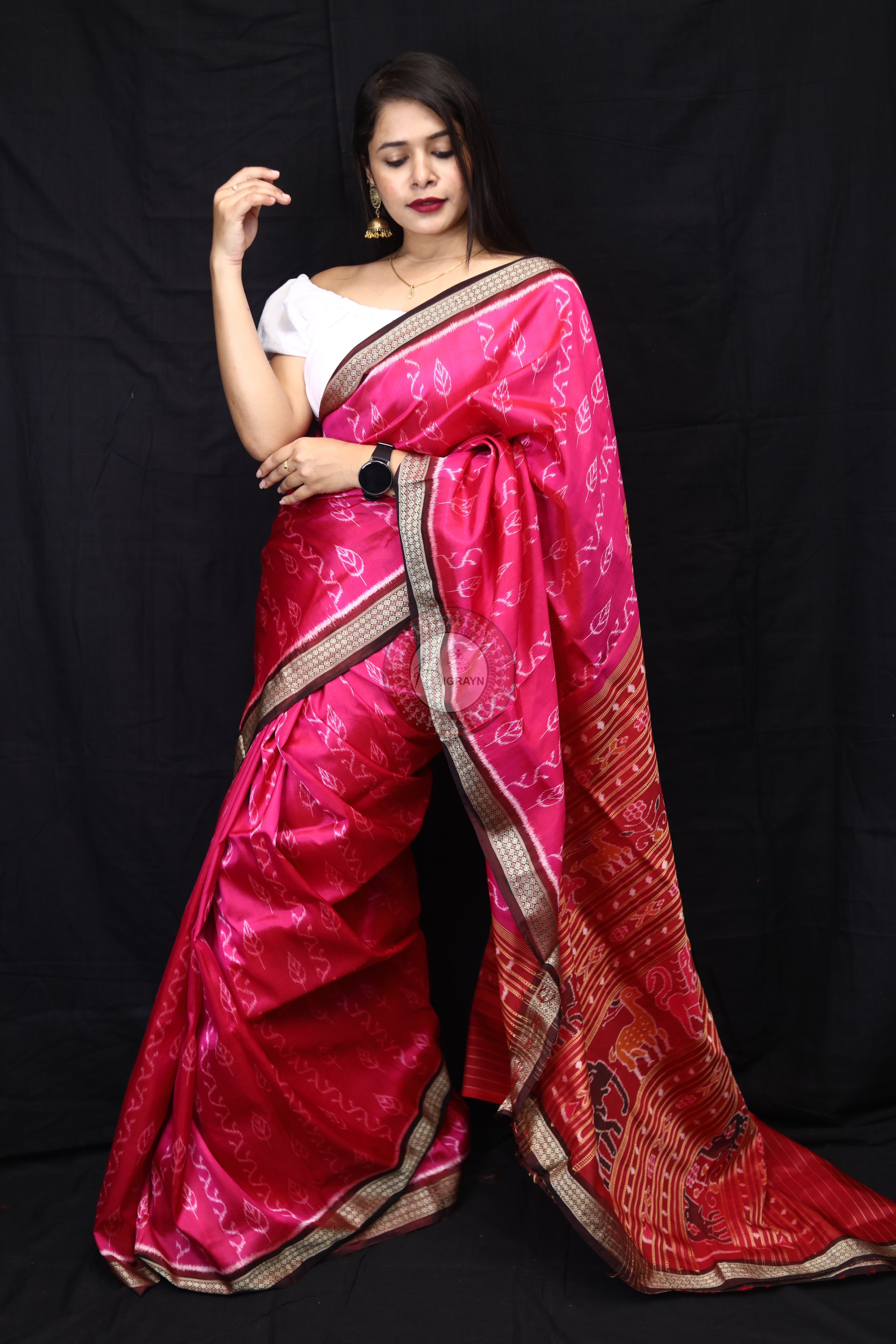 Magenta Coffee Body Leaves Mulberry Silk Saree