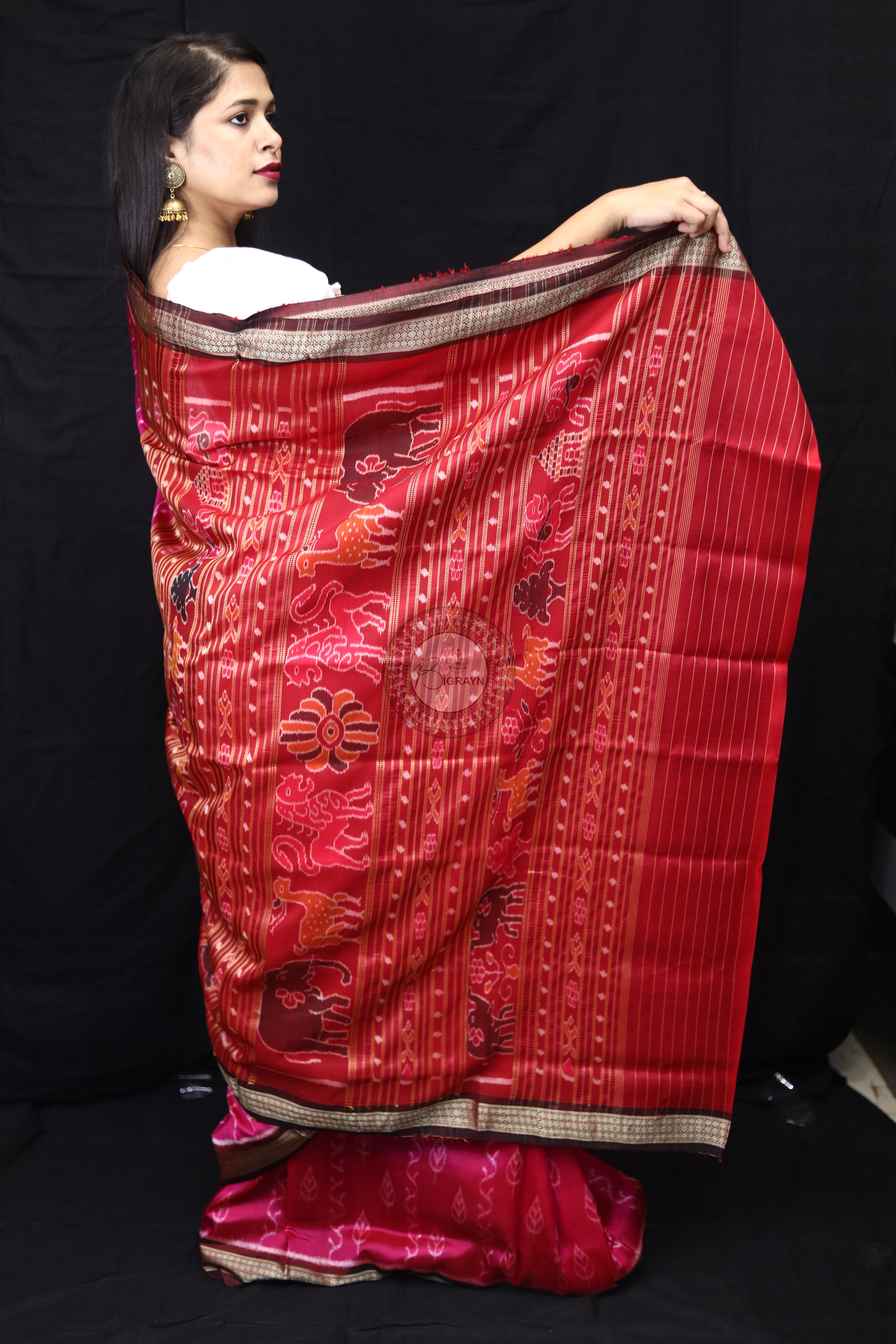Magenta Coffee Body Leaves Mulberry Silk Saree
