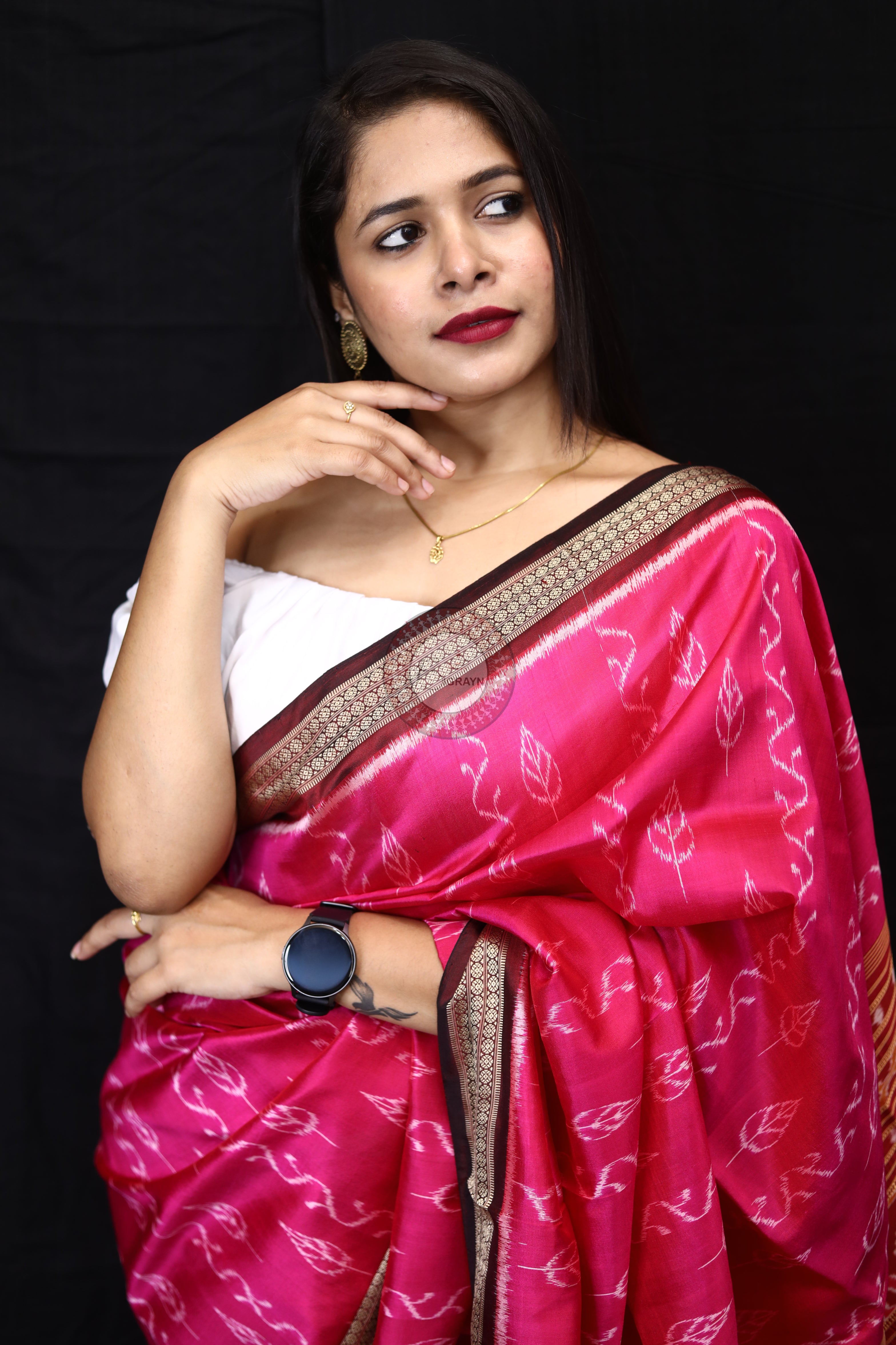 Magenta Coffee Body Leaves Mulberry Silk Saree