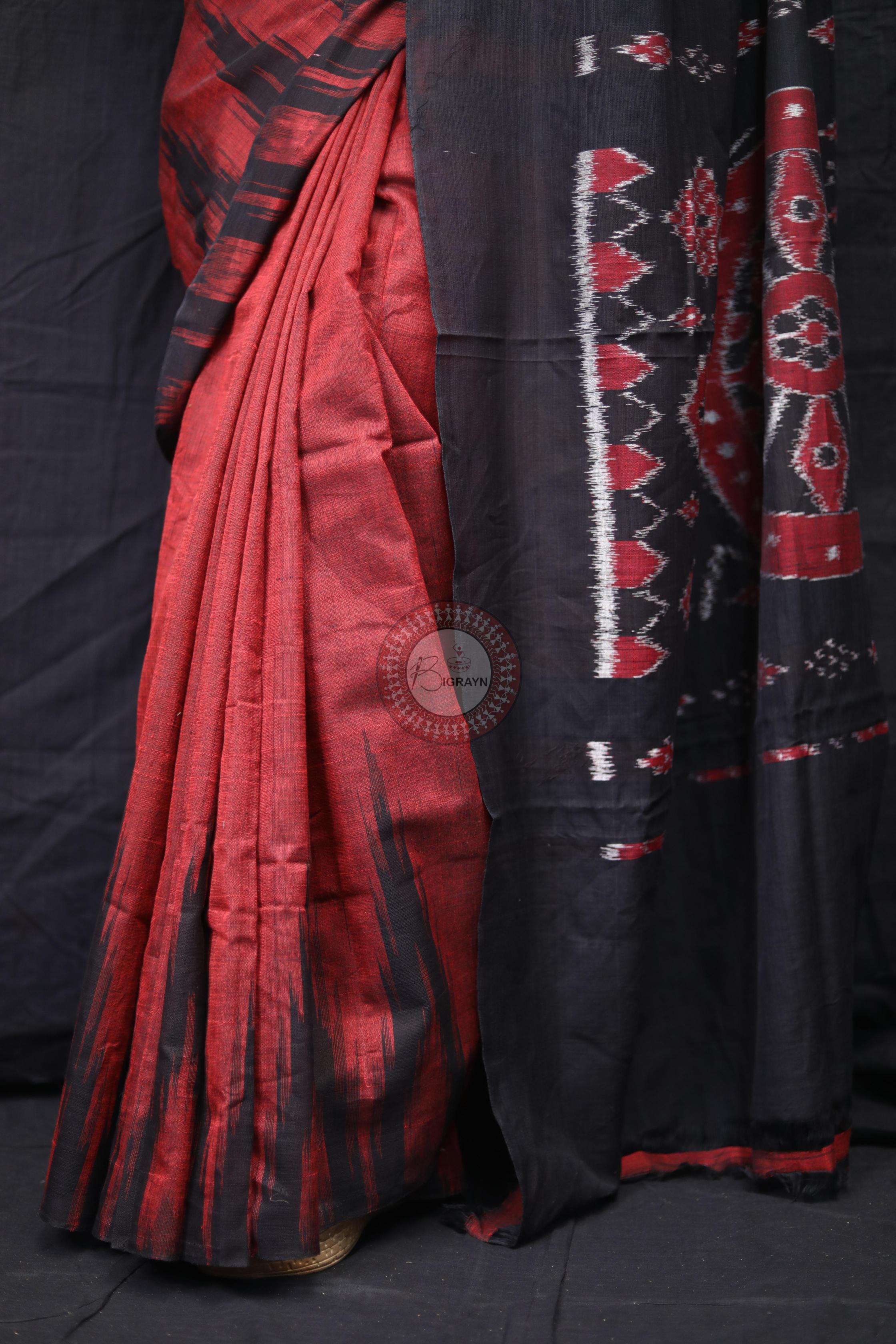 Maroon Black Kargil Kumbha Cotton Saree