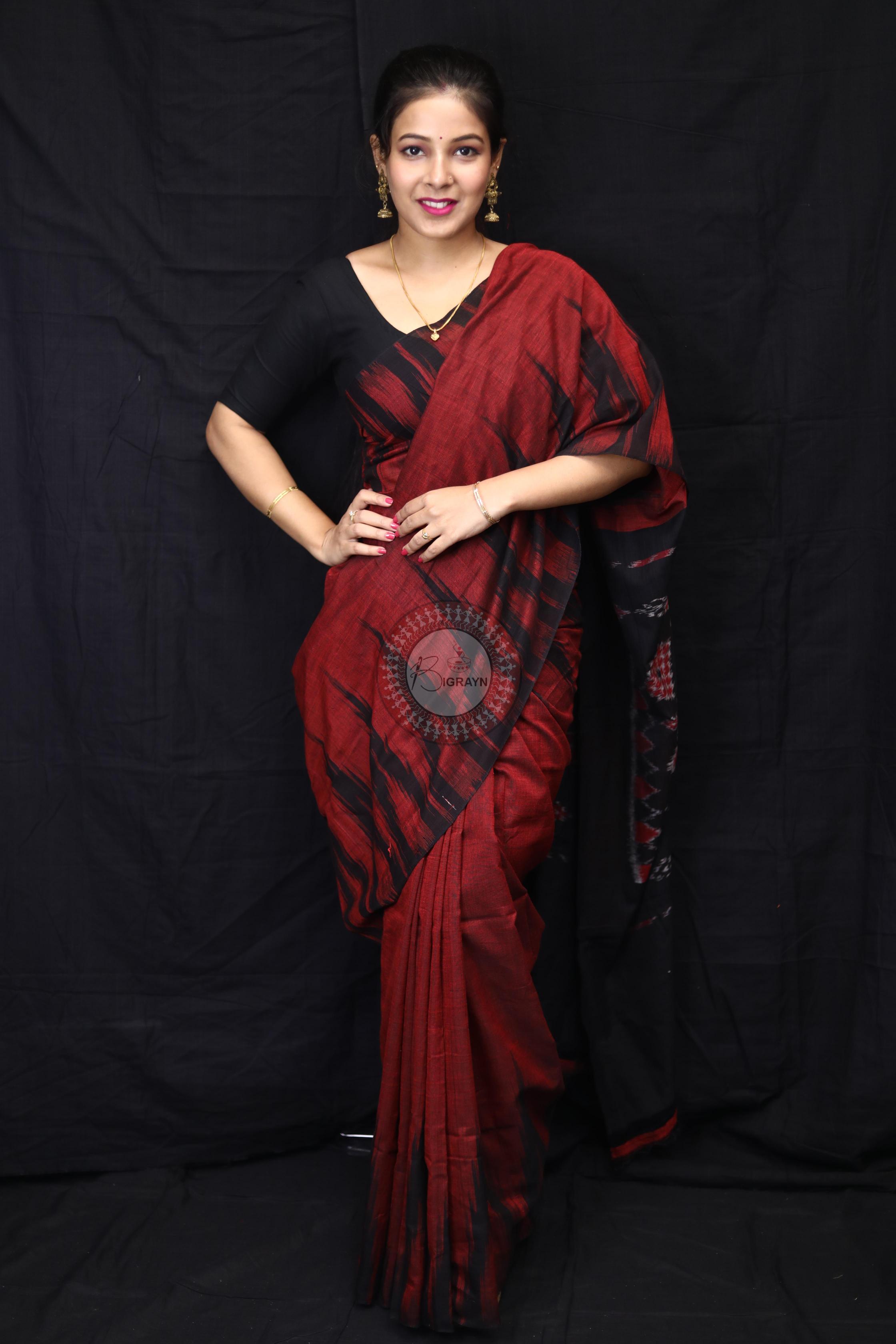 Maroon Black Kargil Kumbha Cotton Saree