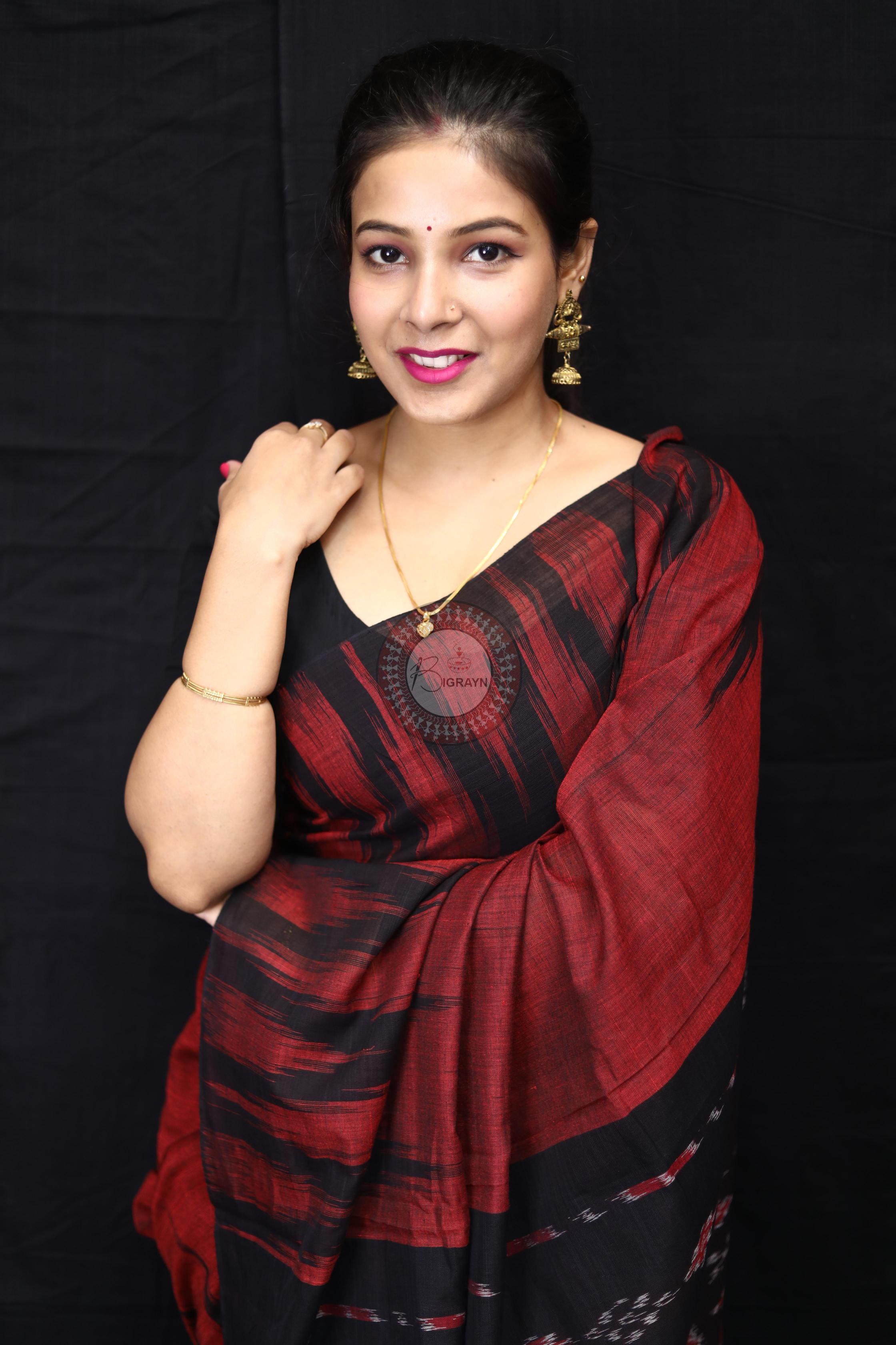 Maroon Black Kargil Kumbha Cotton Saree