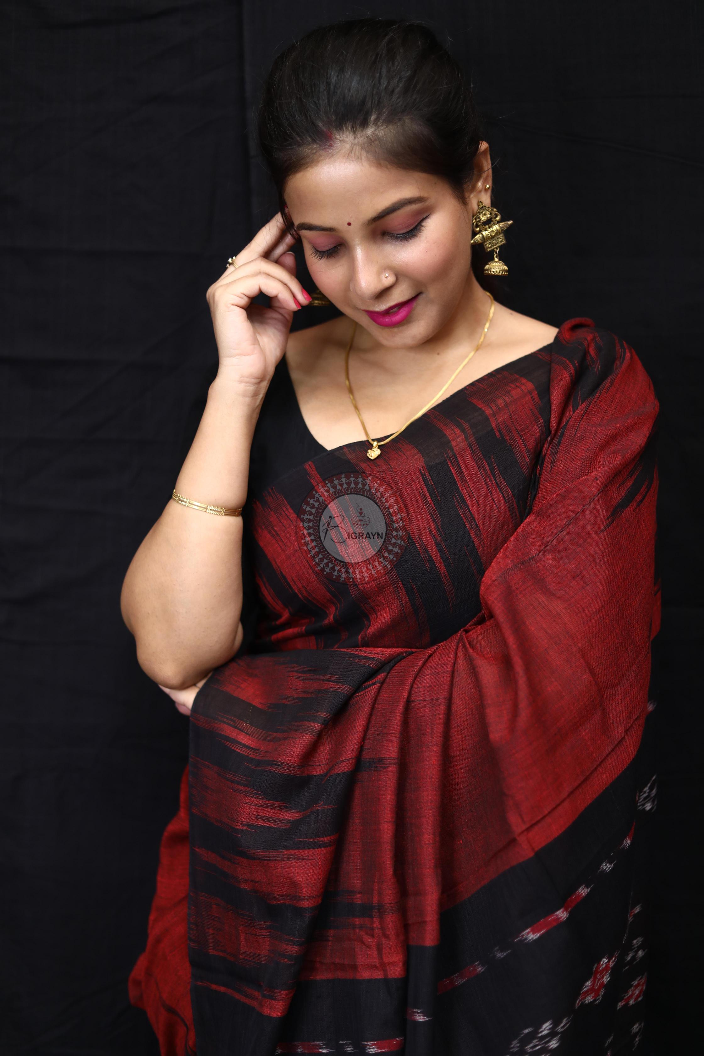 Maroon Black Kargil Kumbha Cotton Saree