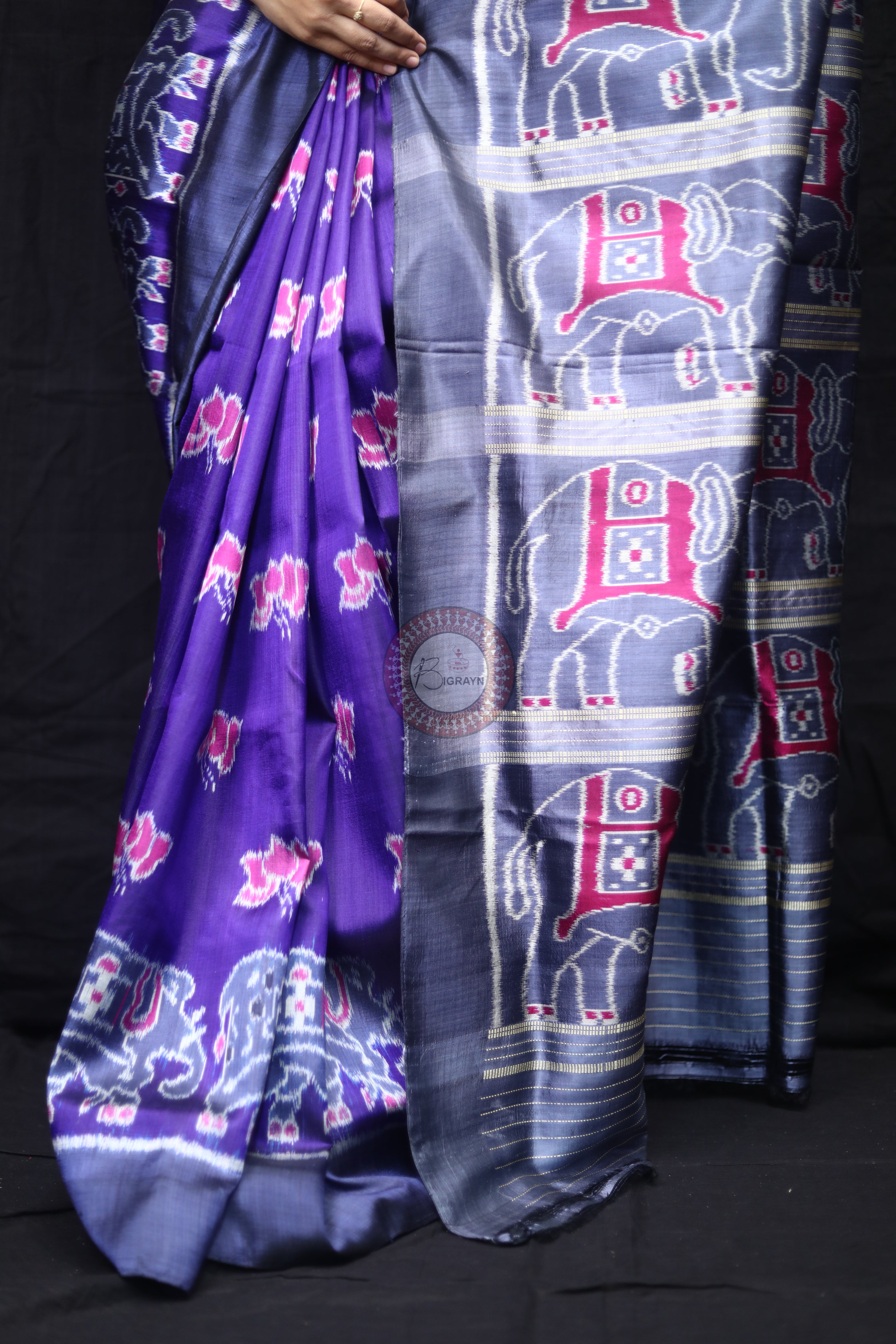 Purple Lotus Elephant Mulberry Silk Saree