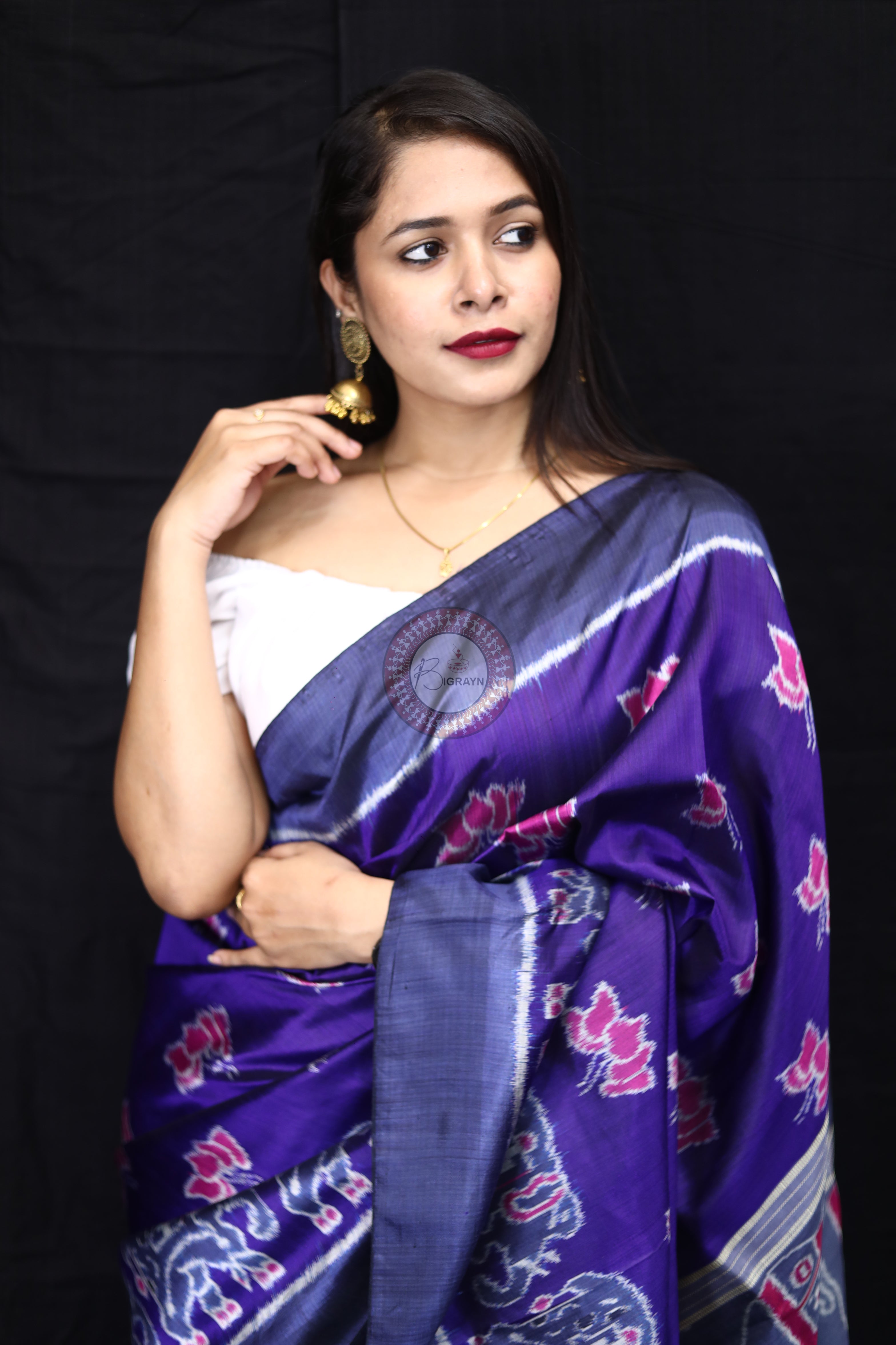 Purple Lotus Elephant Mulberry Silk Saree