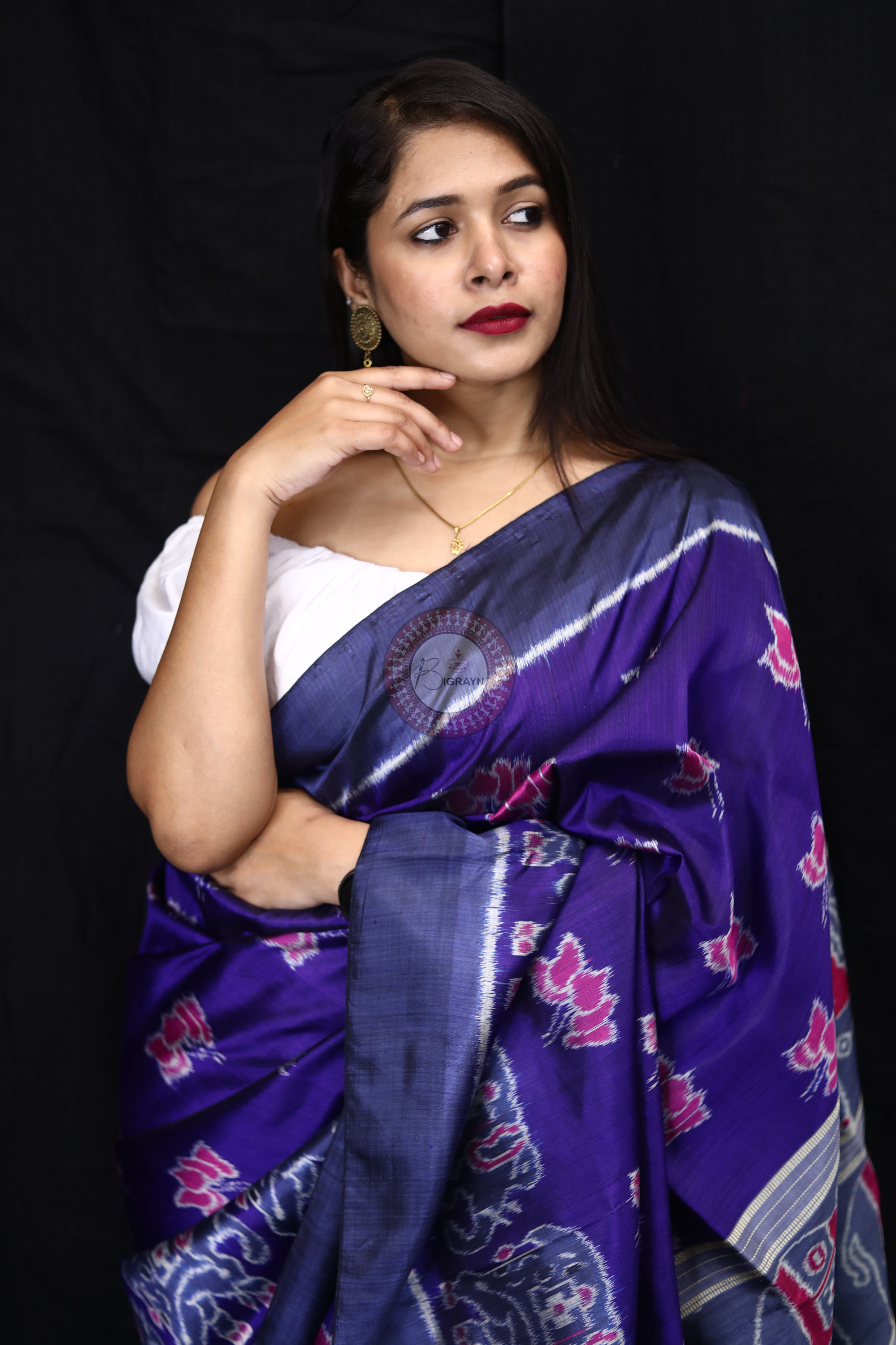 Purple Lotus Elephant Scot Mulberry Silk Saree