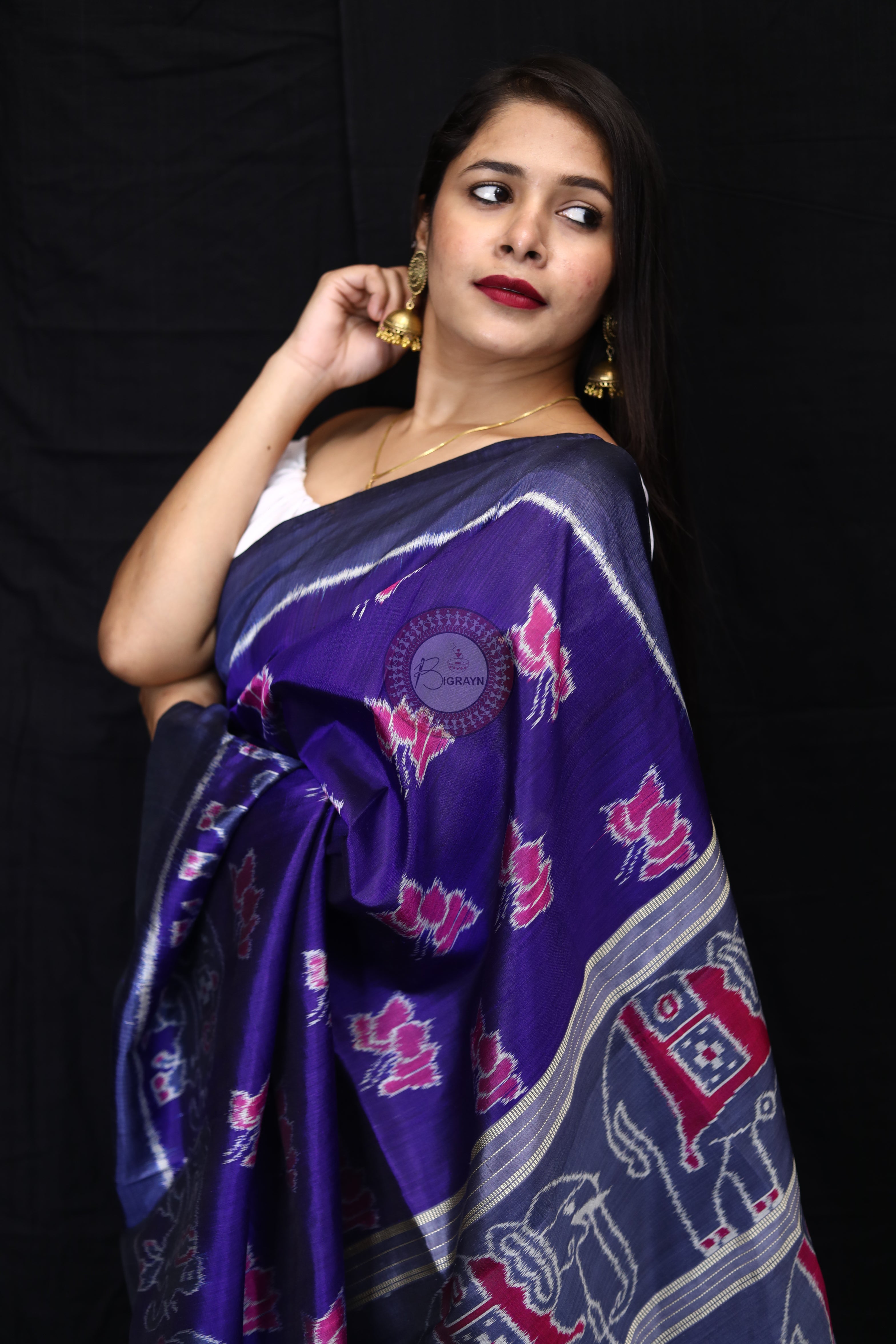 Purple Lotus Elephant Mulberry Silk Saree