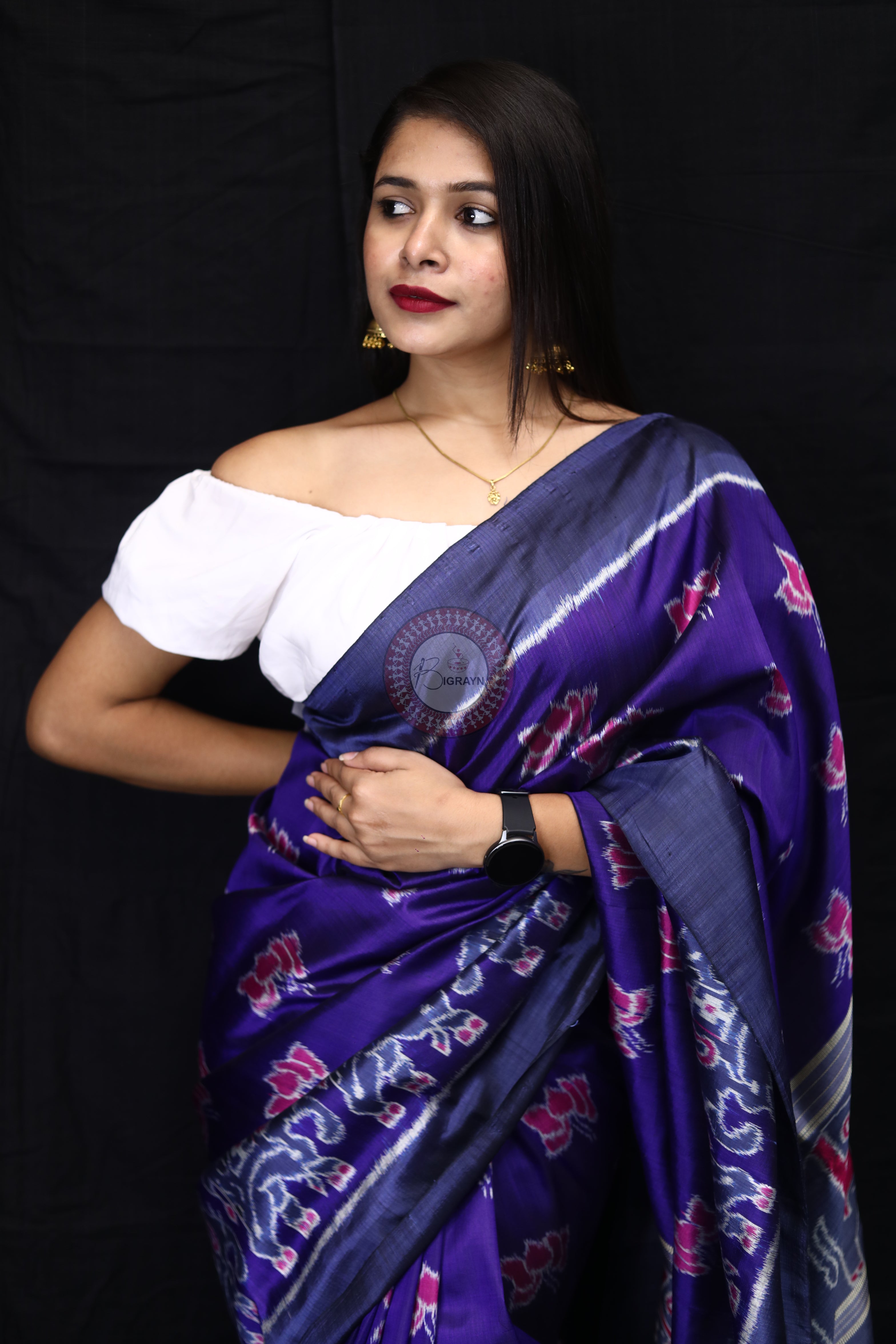 Purple Lotus Elephant Scot Mulberry Silk Saree