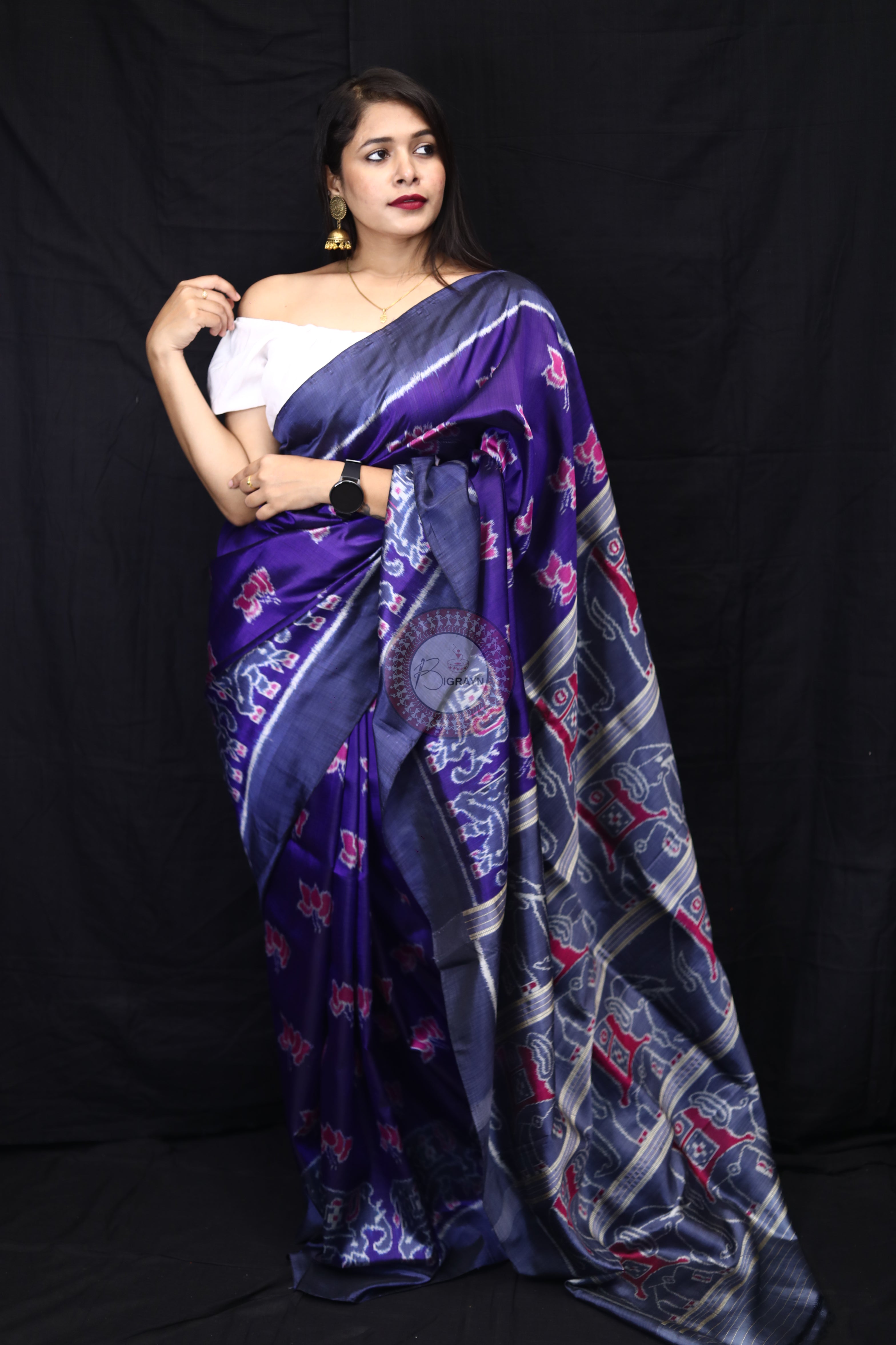 Purple Lotus Elephant Mulberry Silk Saree