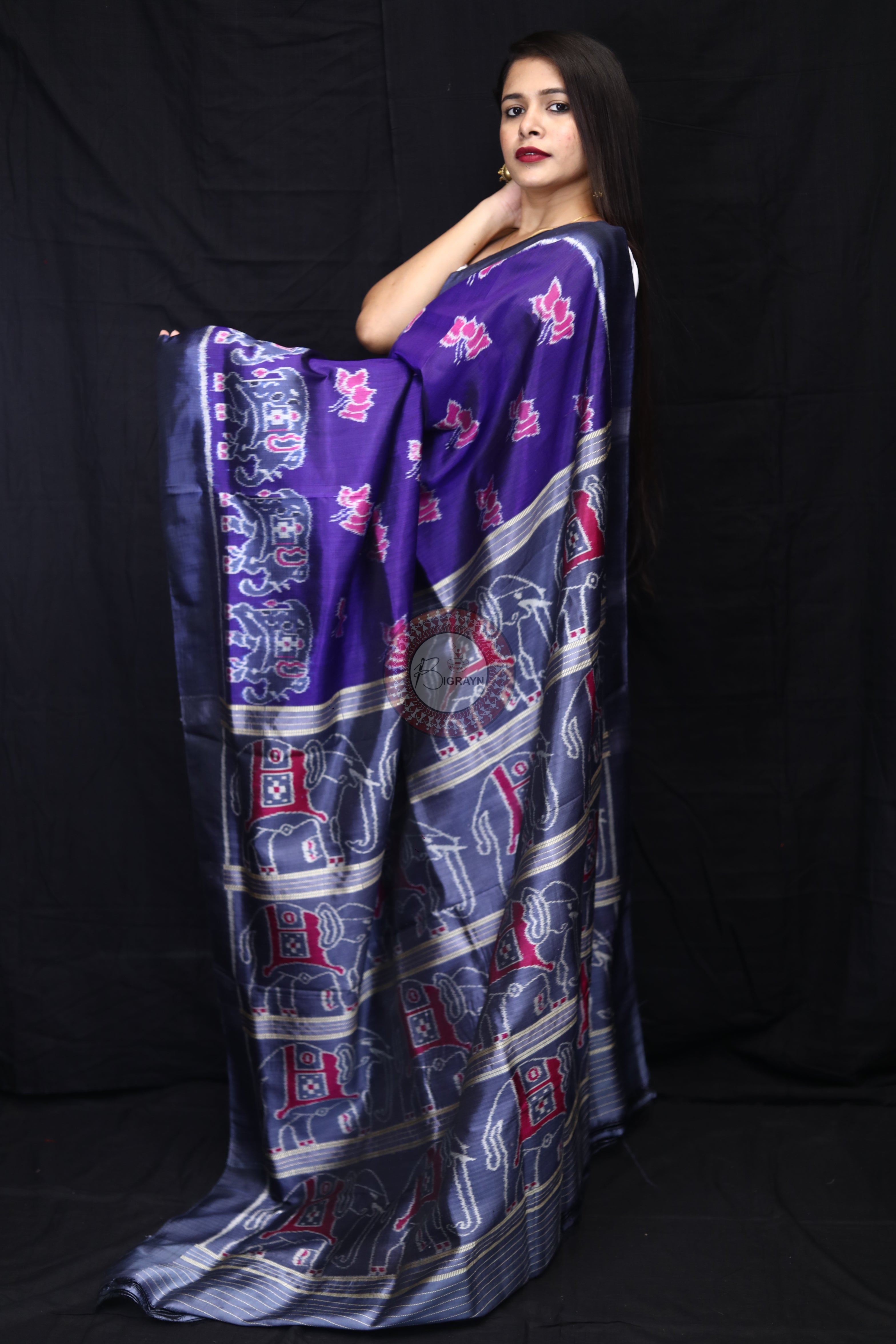 Purple Lotus Elephant Mulberry Silk Saree