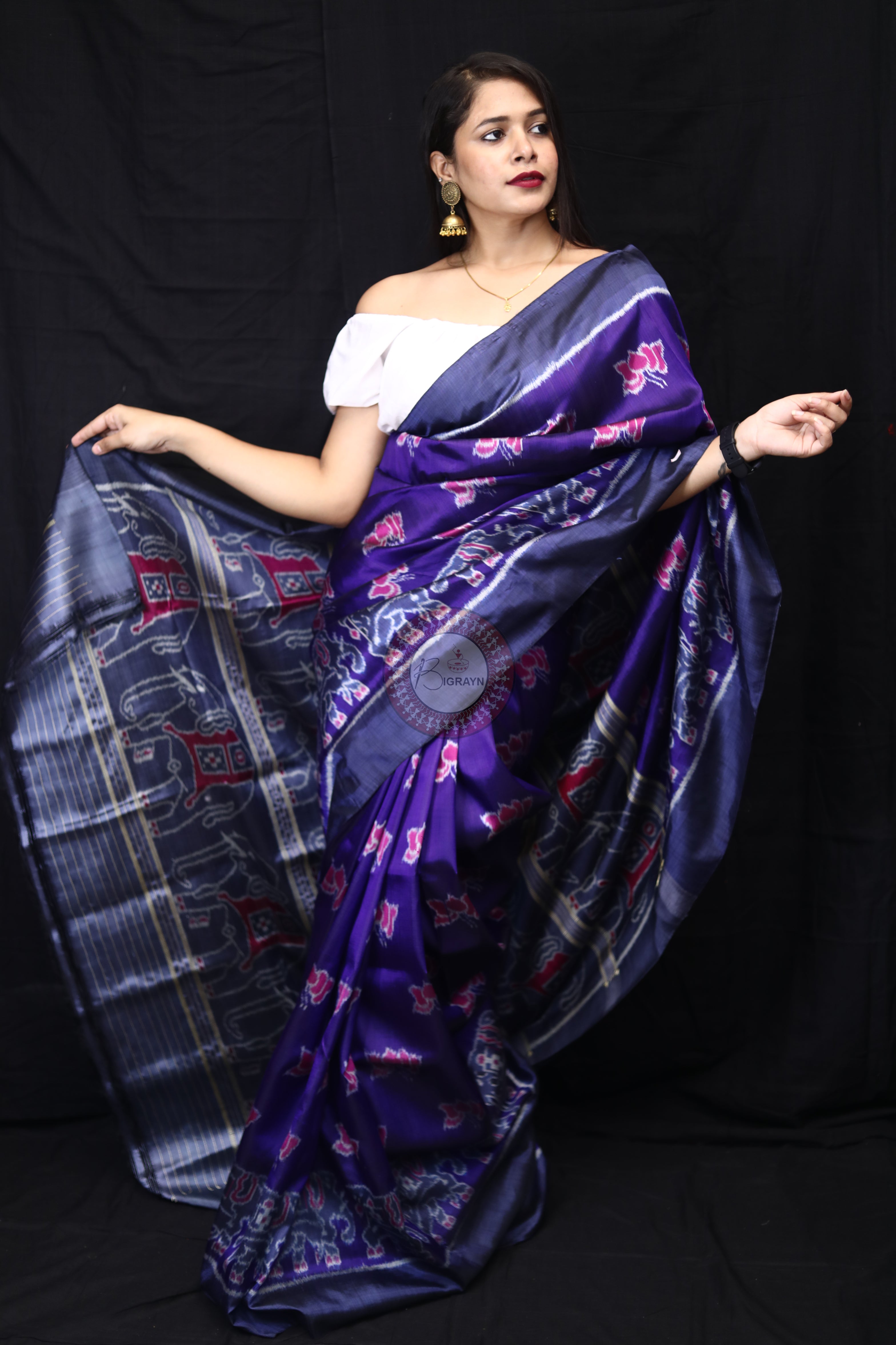 Purple Lotus Elephant Mulberry Silk Saree