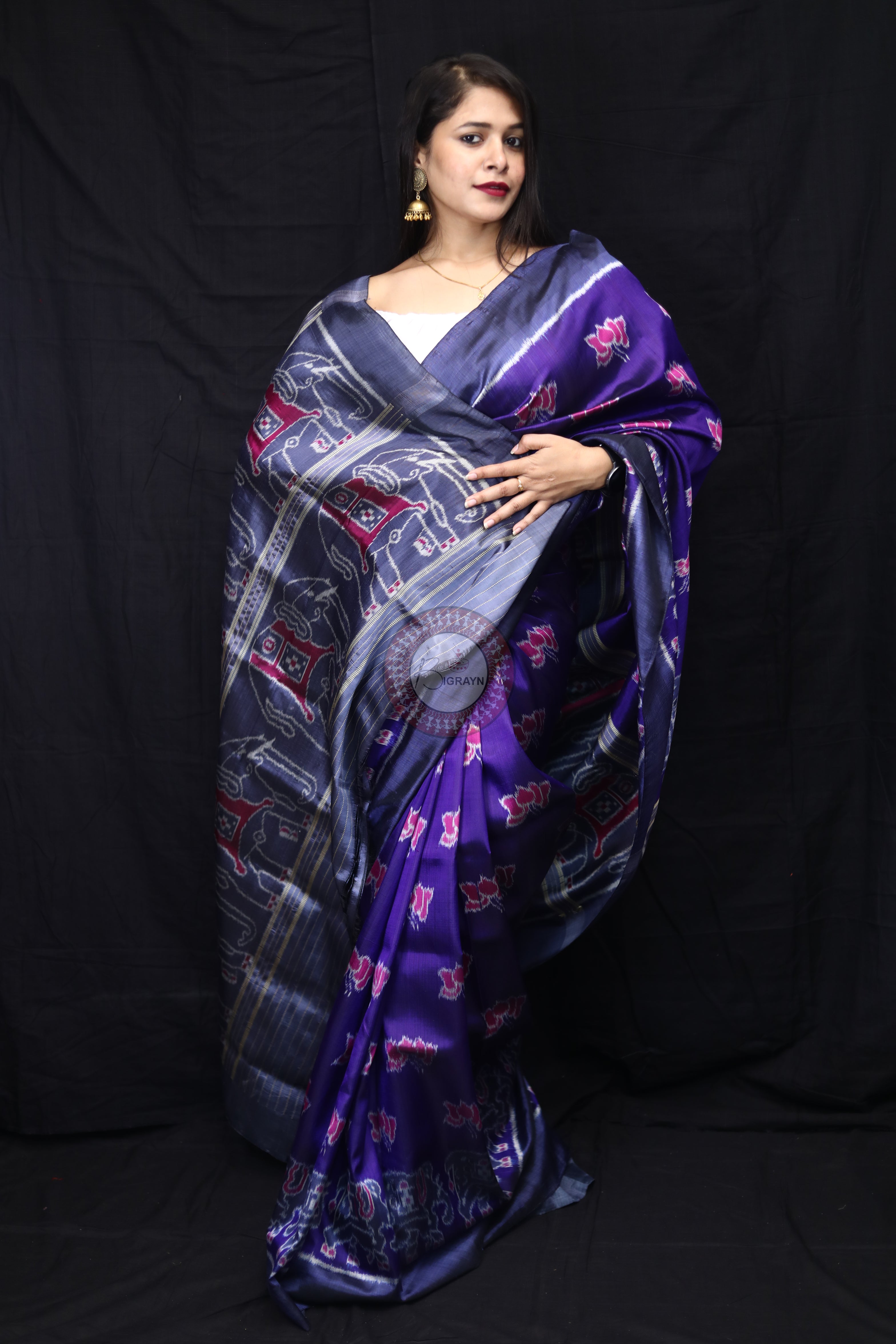 Purple Lotus Elephant Mulberry Silk Saree