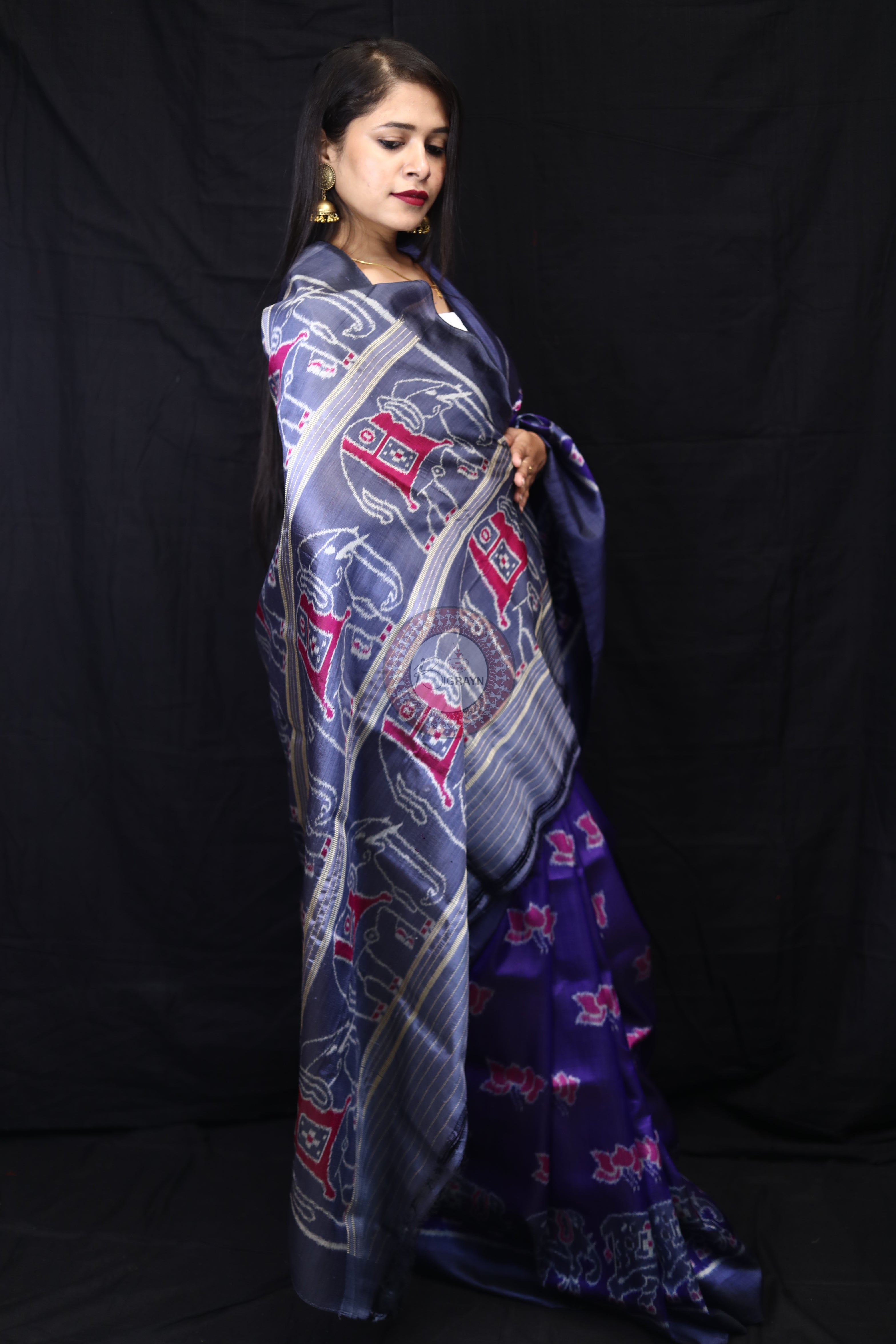 Purple Lotus Elephant Mulberry Silk Saree