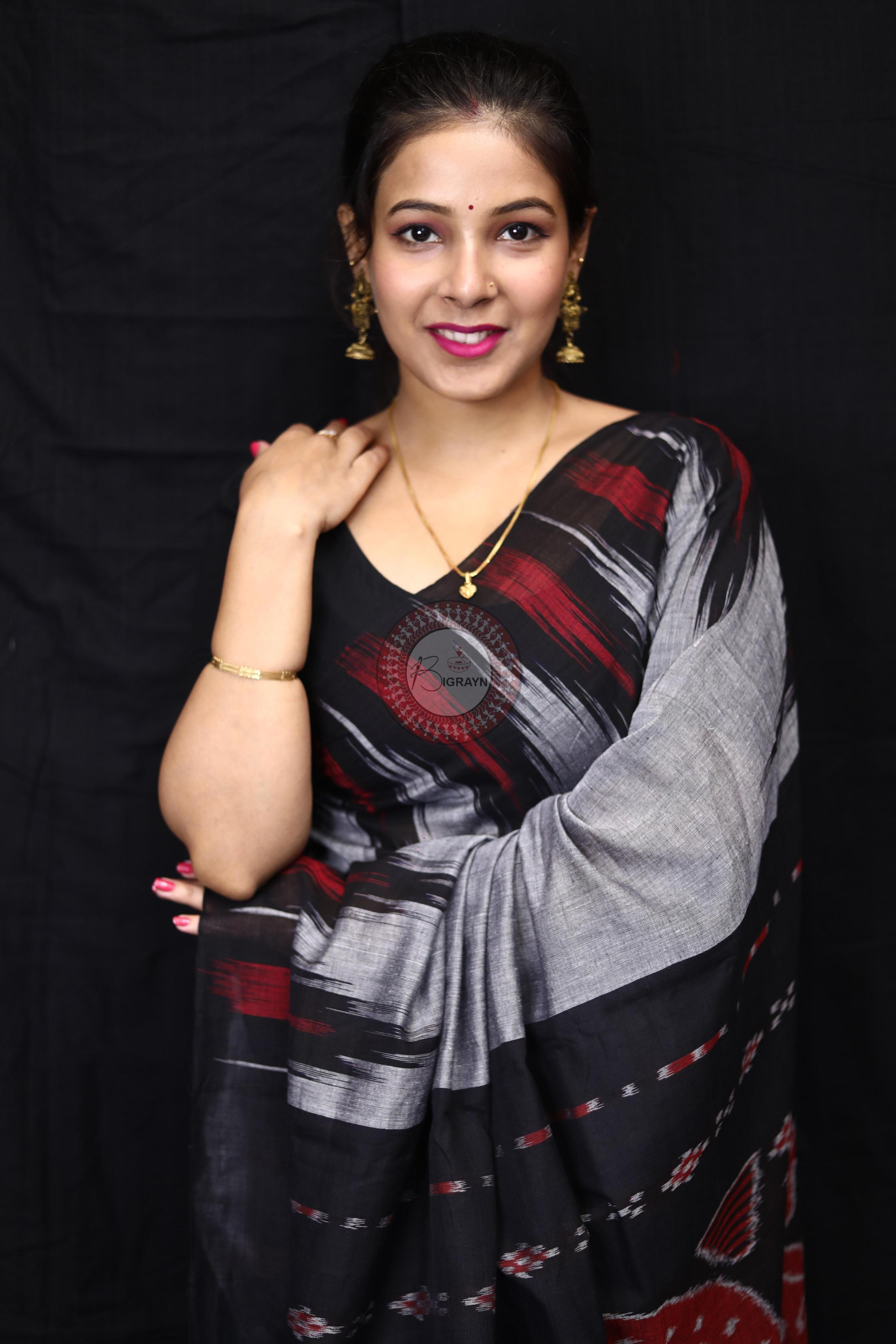 Grey Black Kargil Kumbha Cotton Saree